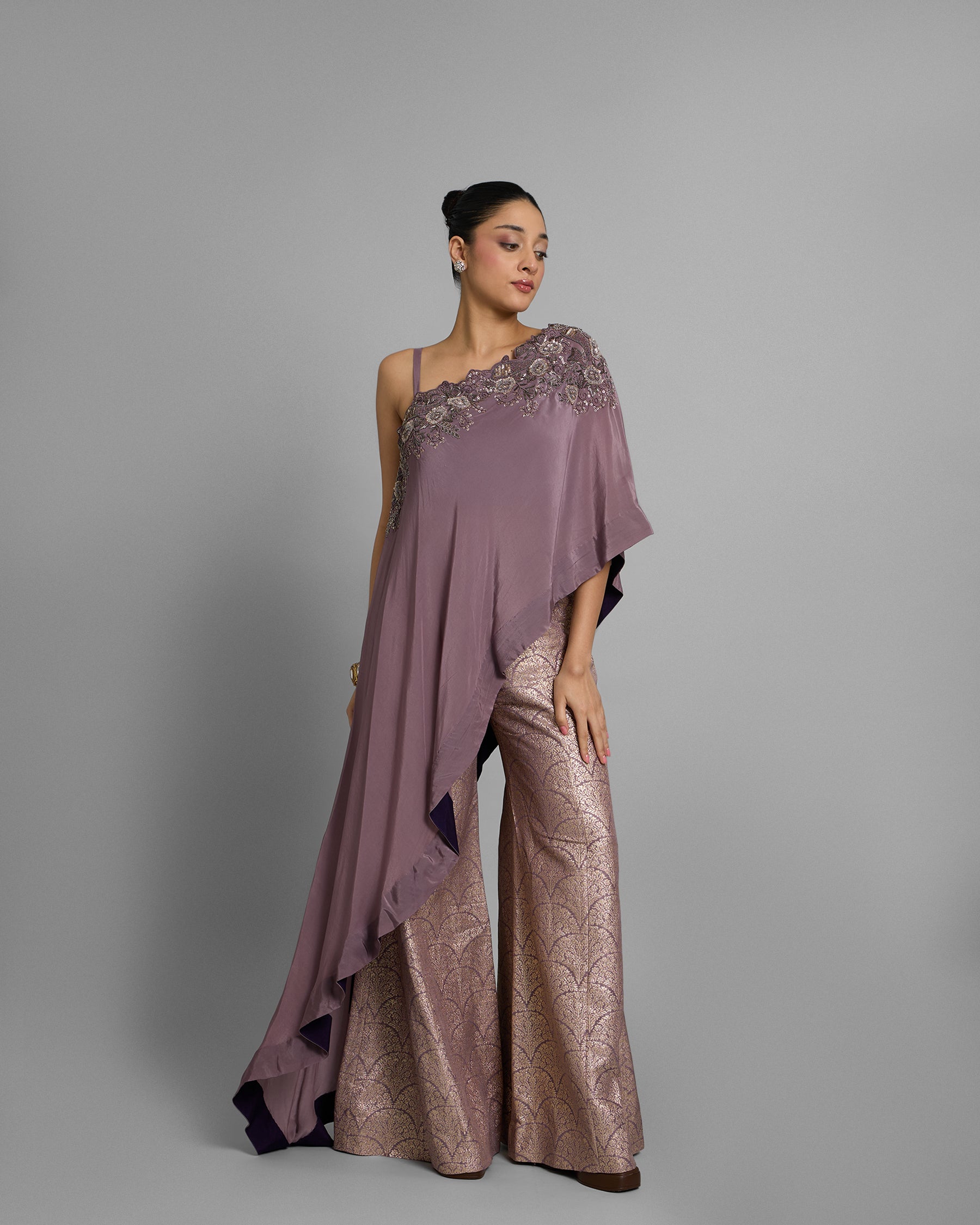 LILAC ONE-SHOULDER BROCADE SET
