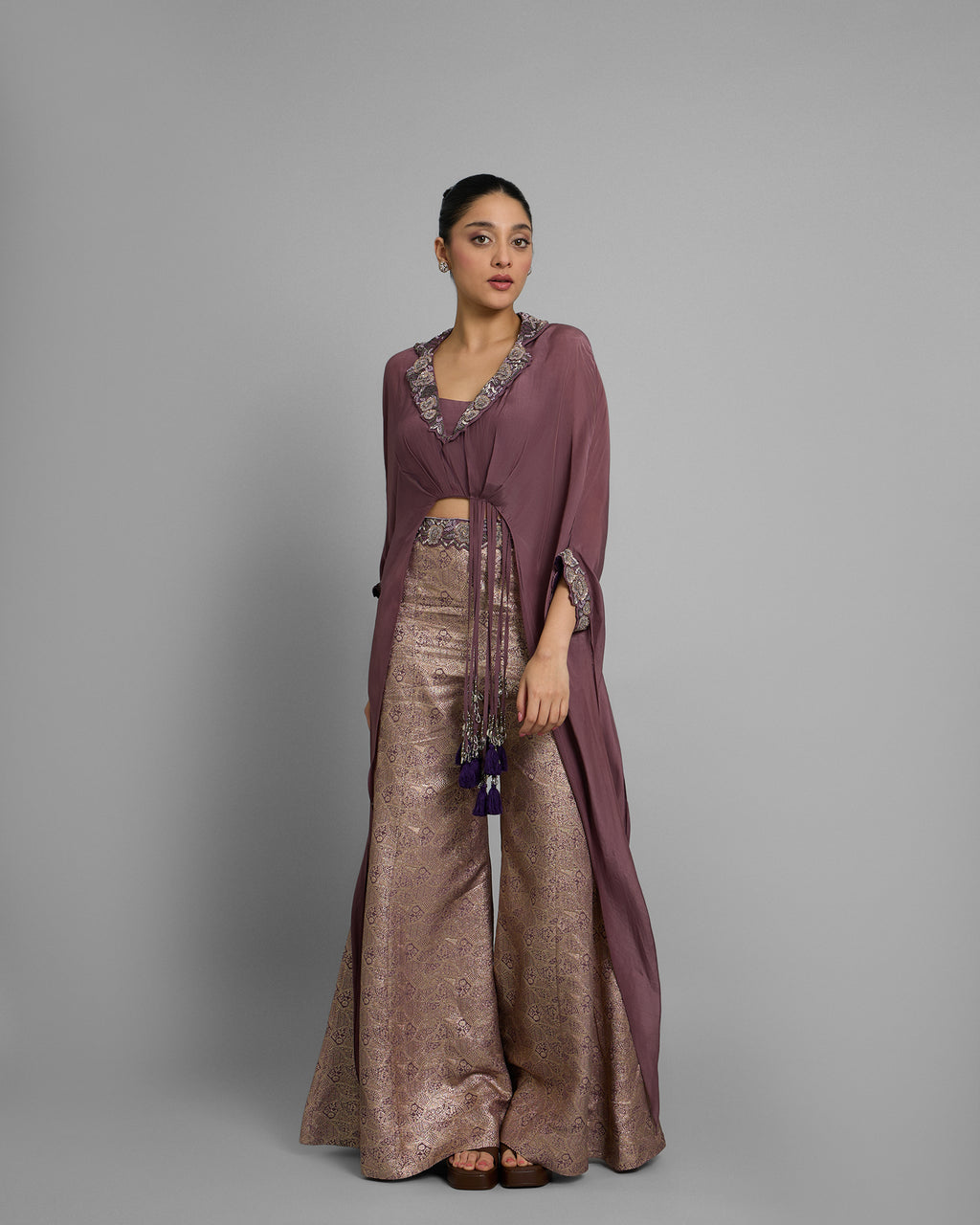LILAC EMBELLISHED GATHERED TOP WITH BROCADE PALAZZO SET