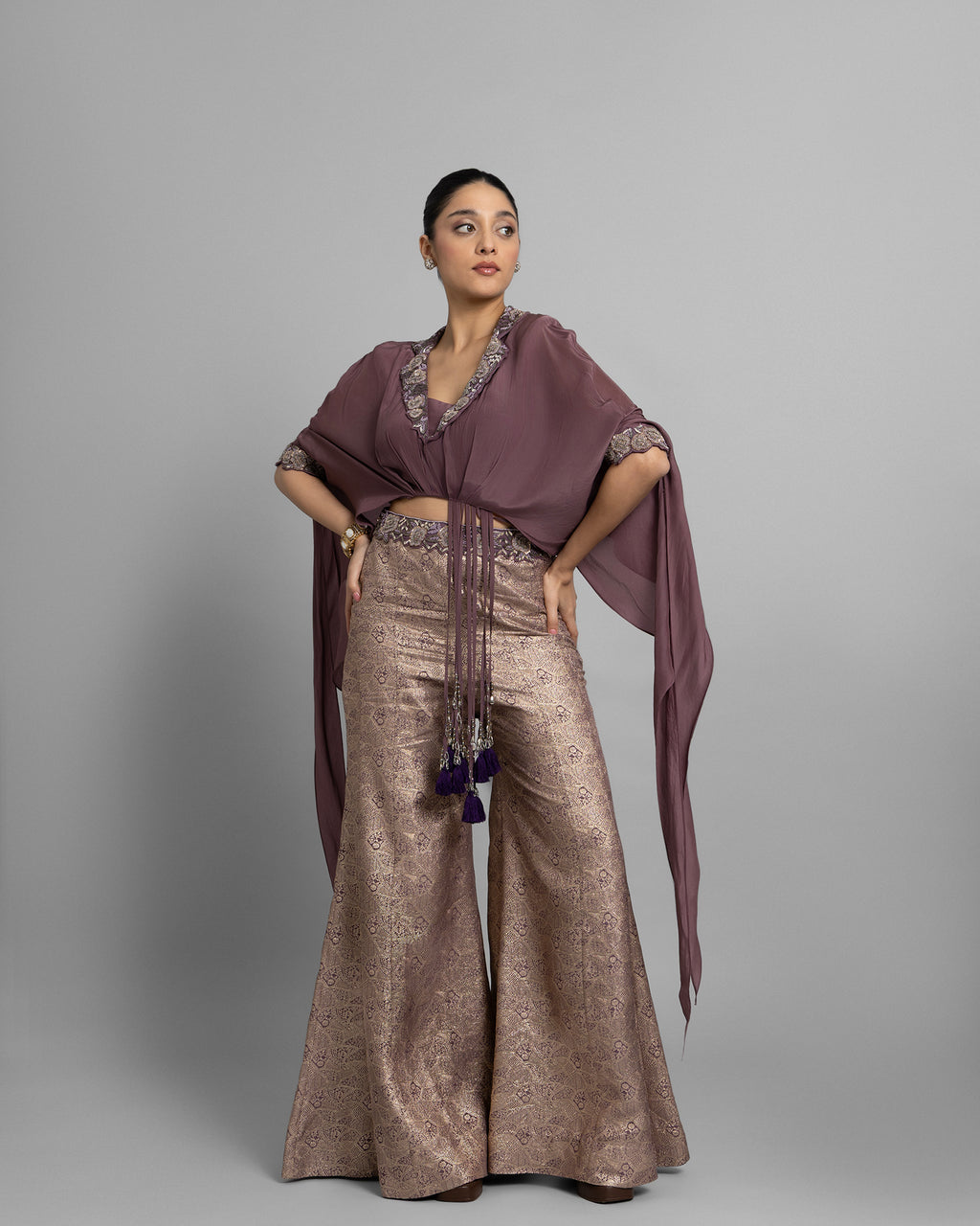 LILAC EMBELLISHED GATHERED TOP WITH BROCADE PALAZZO SET