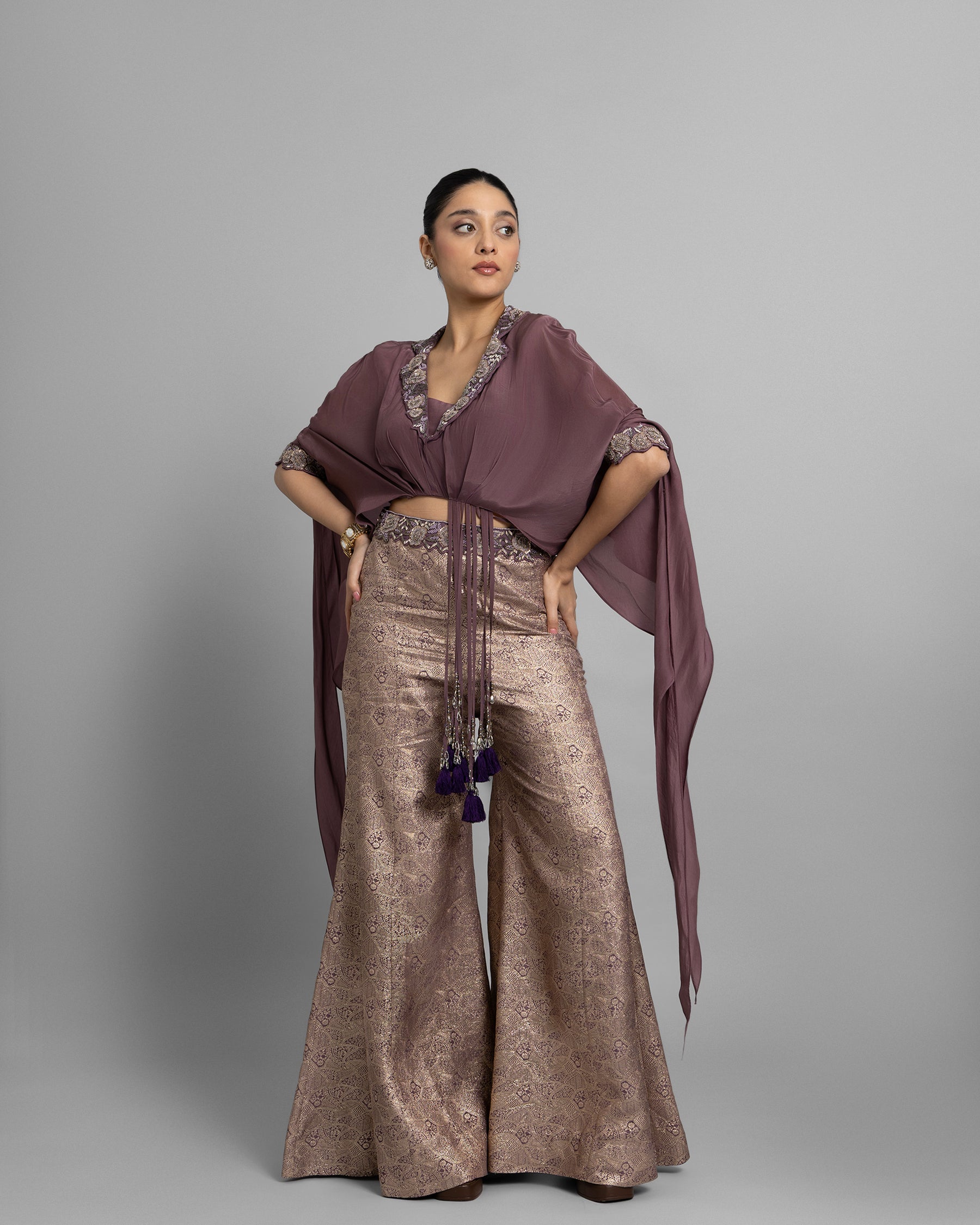 LILAC EMBELLISHED GATHERED TOP WITH BROCADE PALAZZO SET