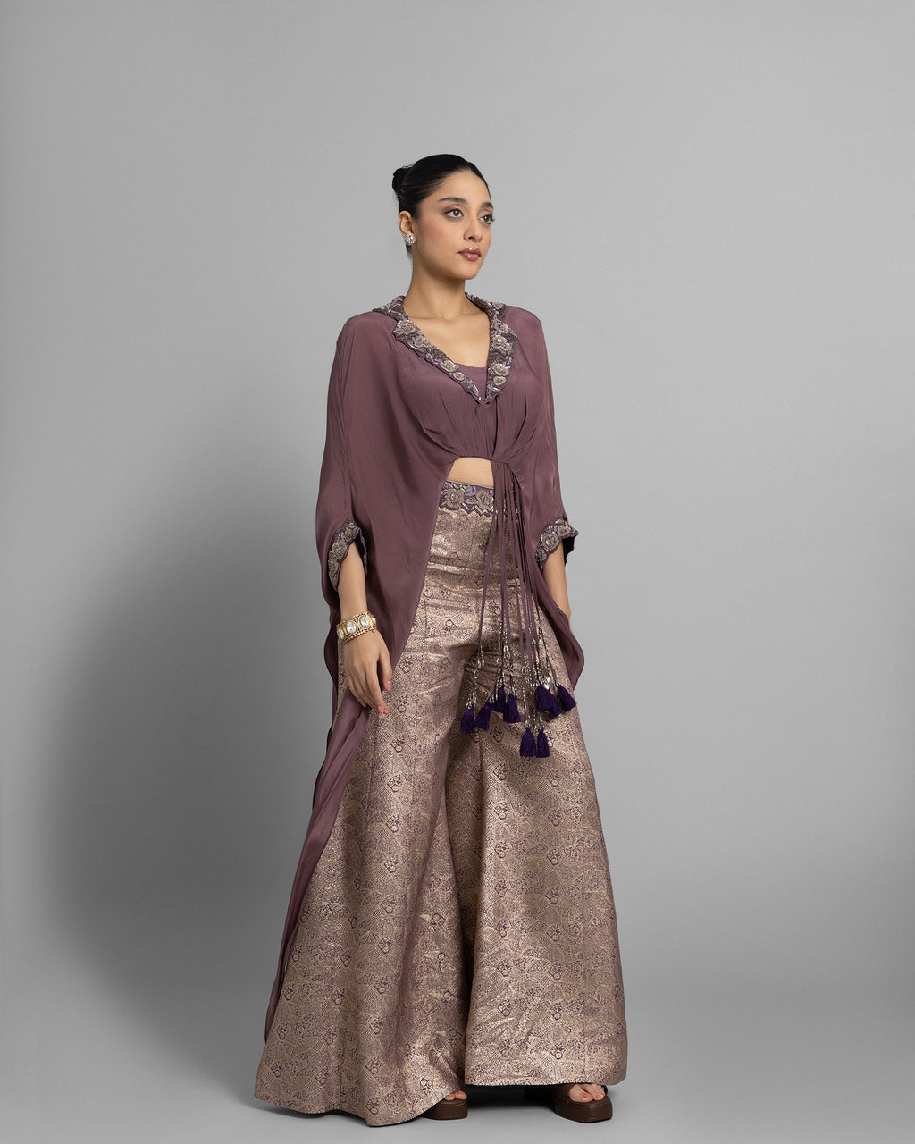 LILAC EMBELLISHED GATHERED TOP WITH BROCADE PALAZZO SET