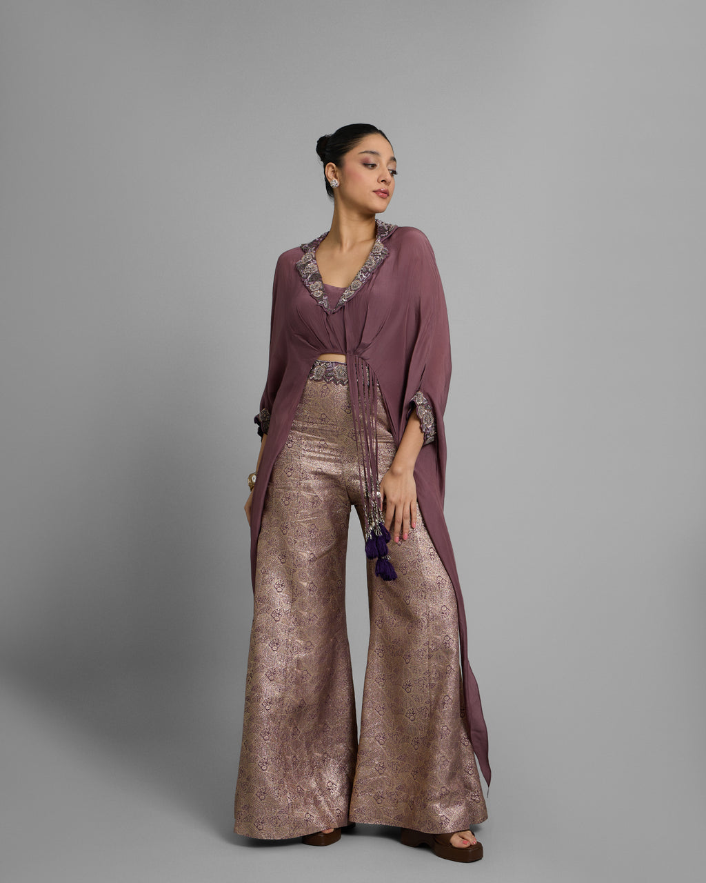 LILAC EMBELLISHED GATHERED TOP WITH BROCADE PALAZZO SET