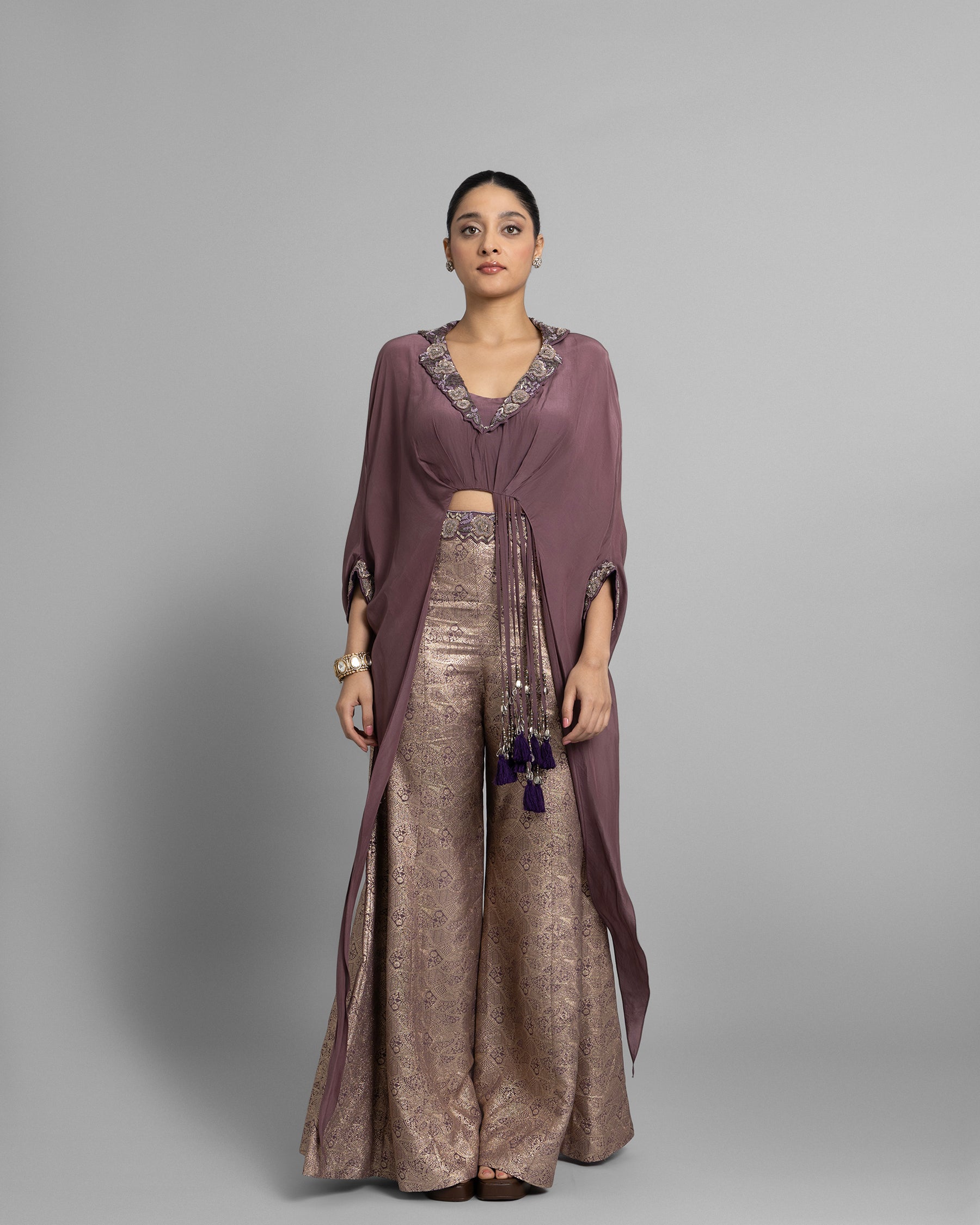 LILAC EMBELLISHED GATHERED TOP WITH BROCADE PALAZZO SET