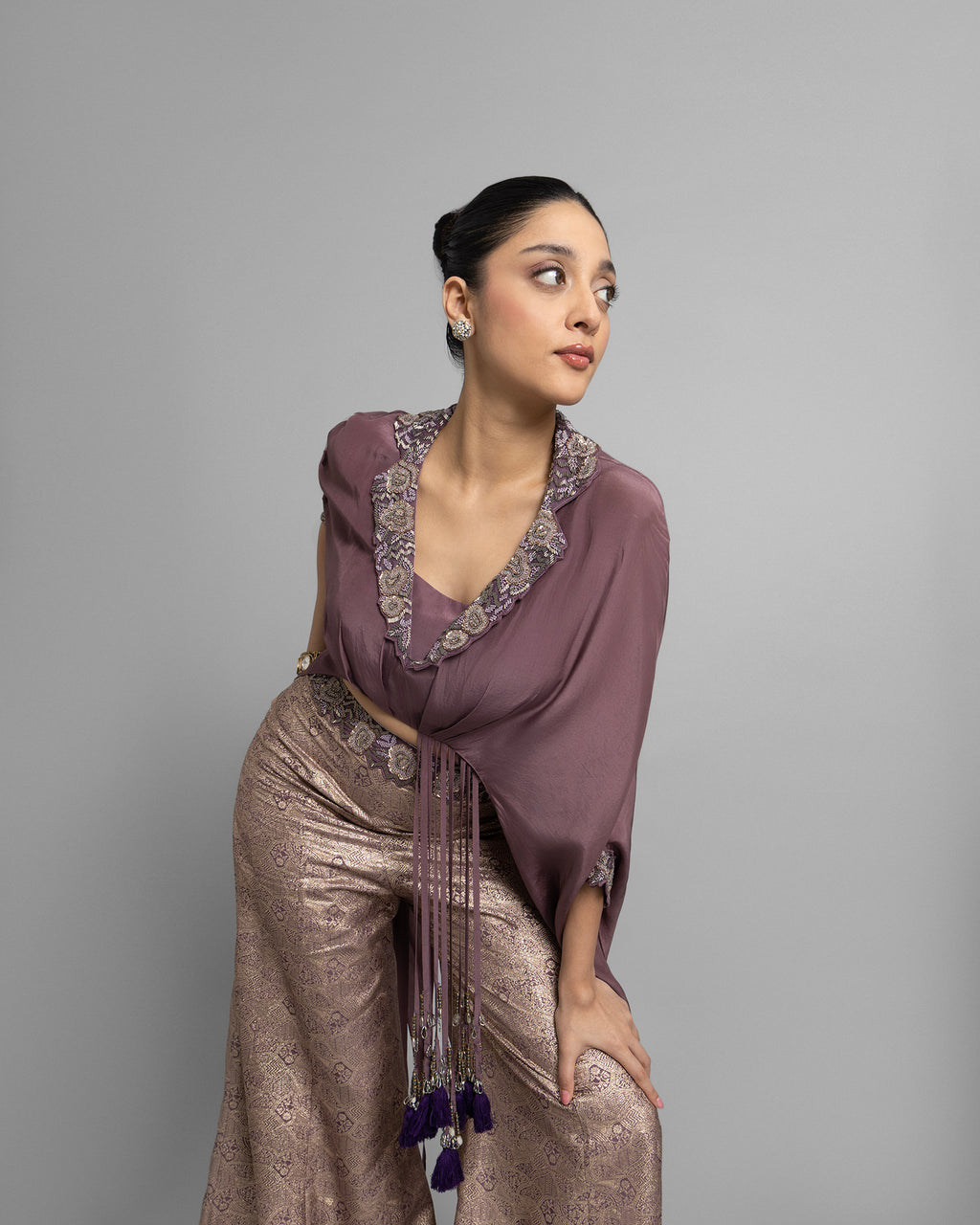 LILAC EMBELLISHED GATHERED TOP WITH BROCADE PALAZZO SET