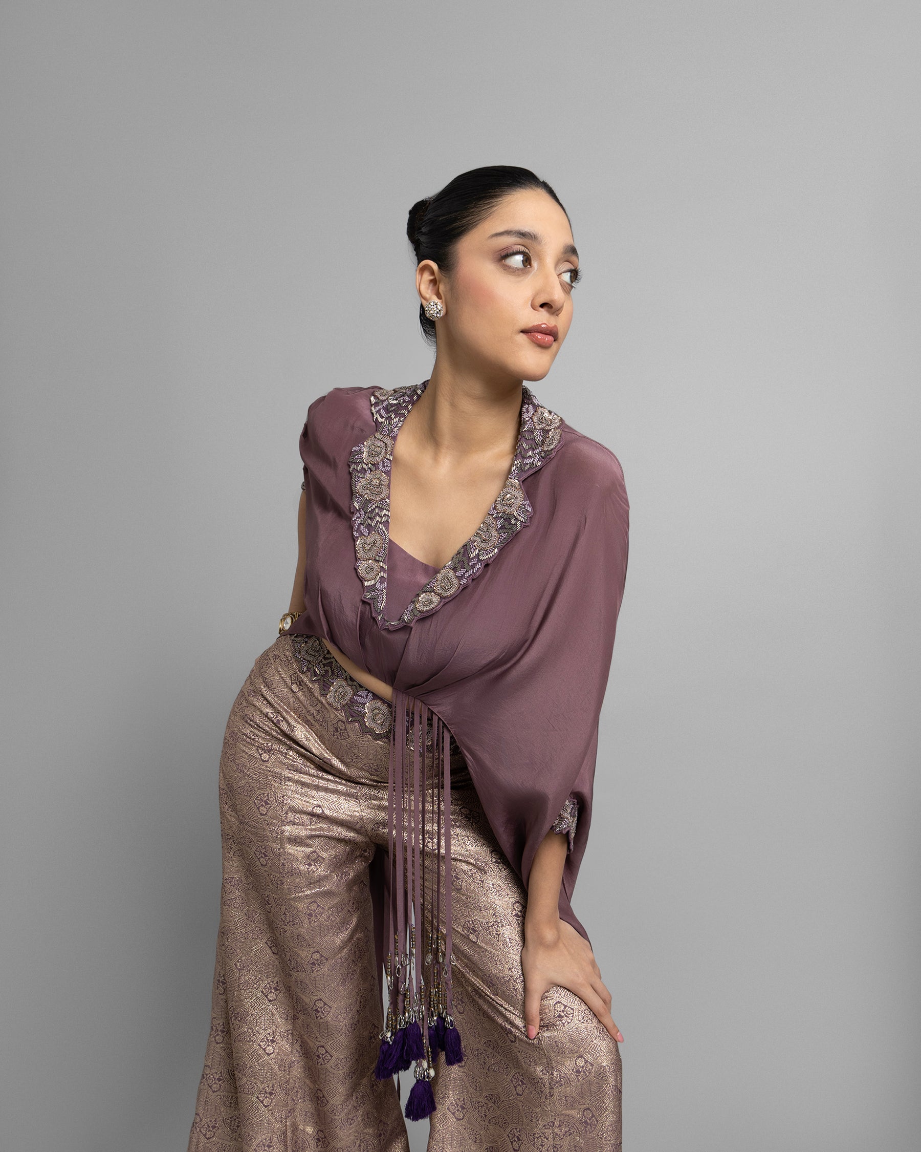 LILAC EMBELLISHED GATHERED TOP WITH BROCADE PALAZZO SET