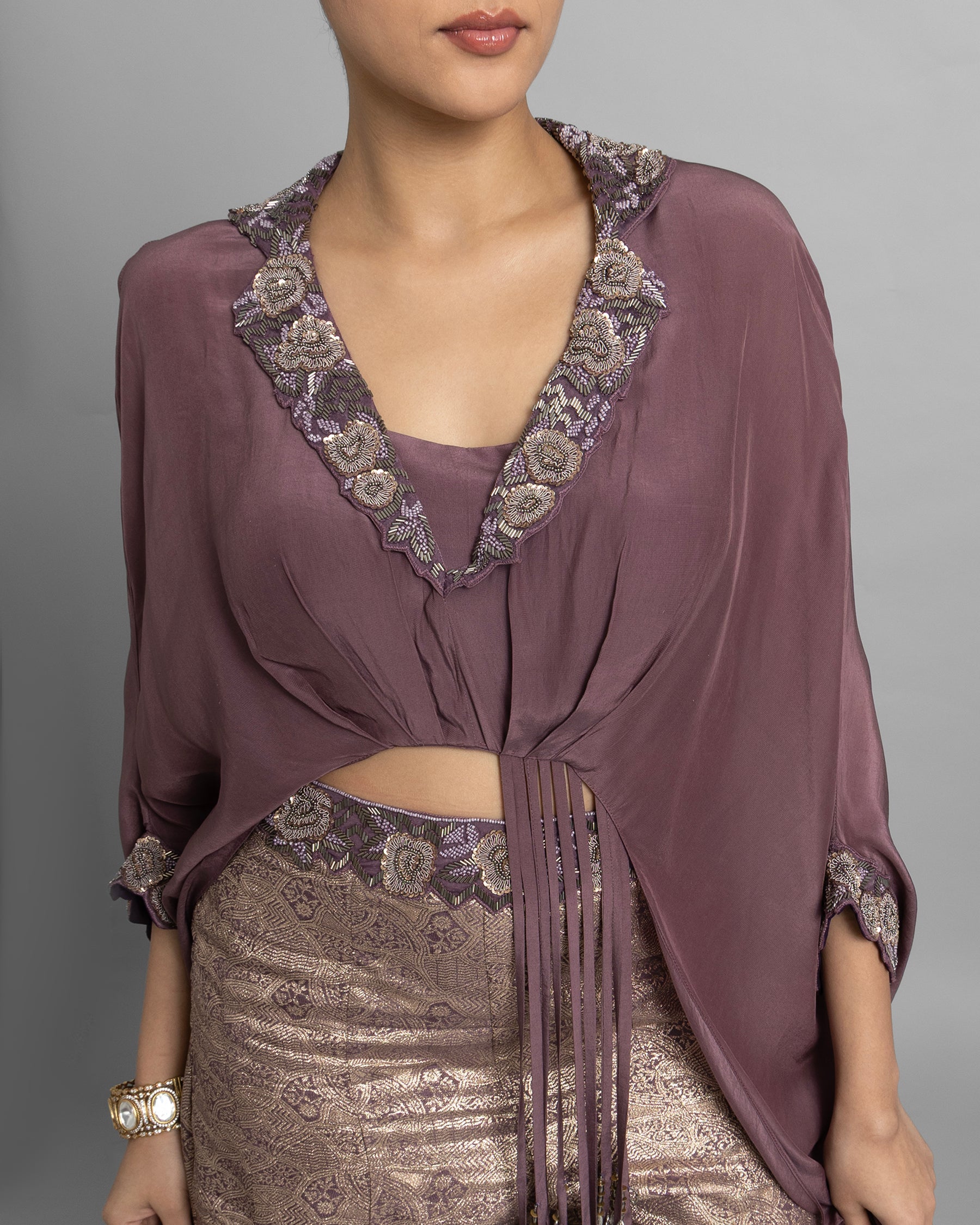 LILAC EMBELLISHED GATHERED TOP WITH BROCADE PALAZZO SET