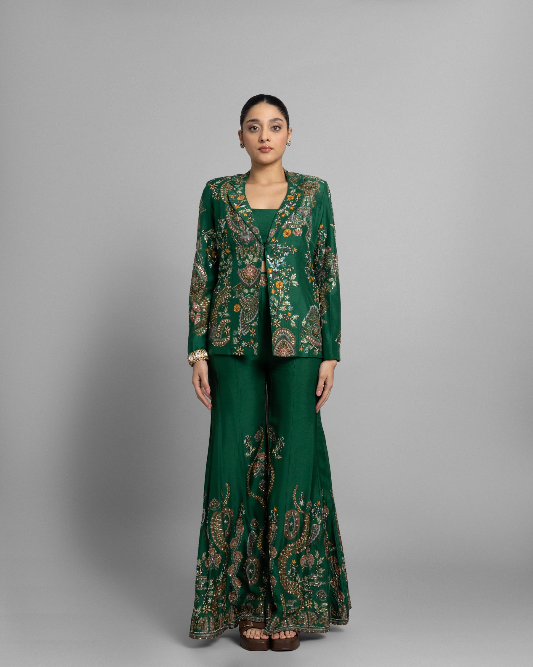 EMERALD GREEN JACKET & FLARED PALAZZO SET