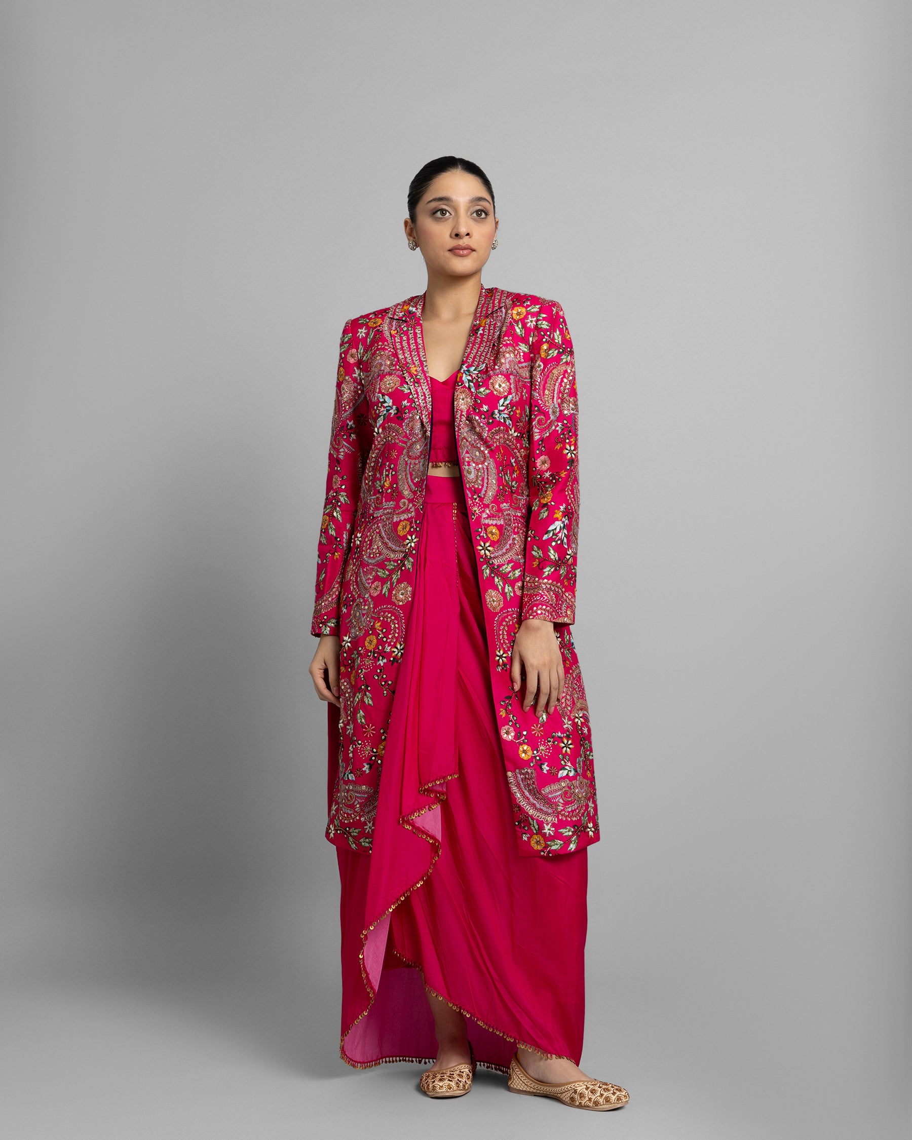 RANI PINK PRINTED LONG JACKET SET
