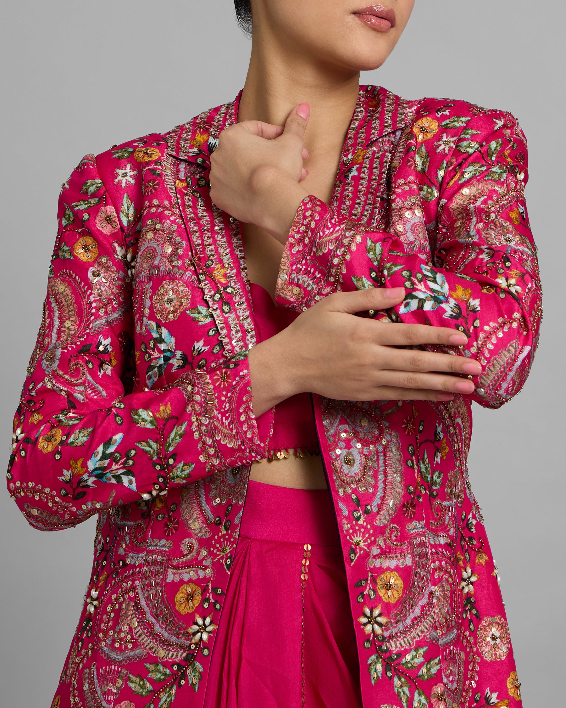 RANI PINK PRINTED LONG JACKET SET