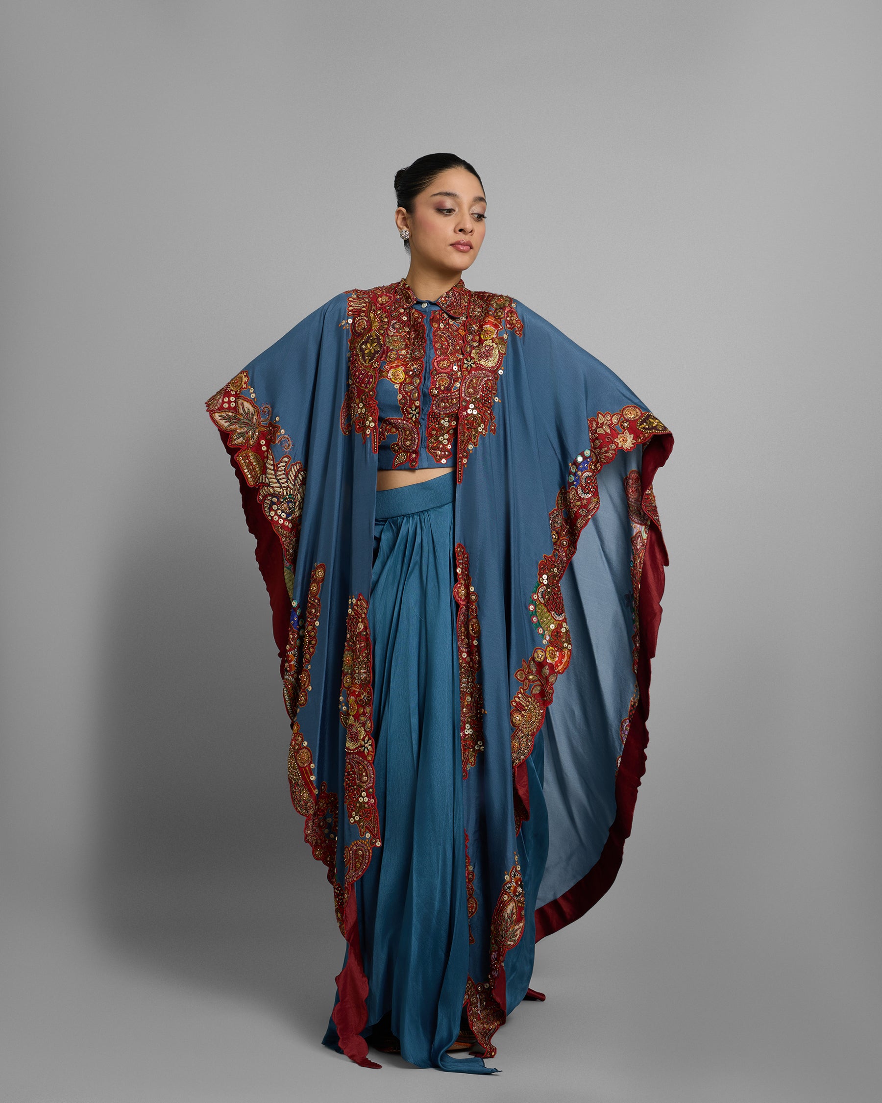 CERULEAN DIGITAL PRINT CAPE & COWL SKIRT