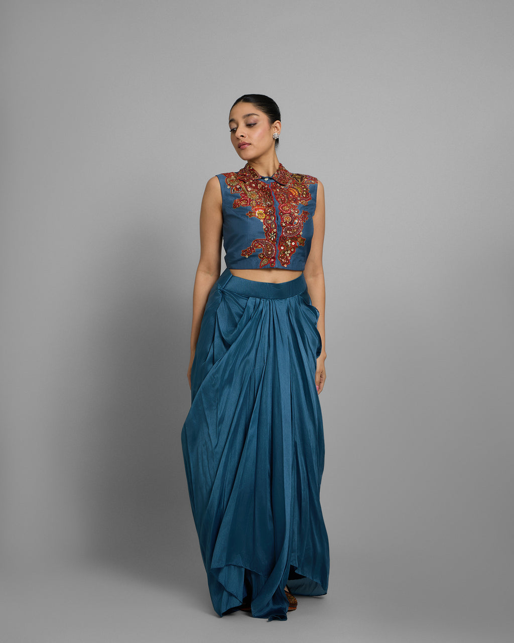 CERULEAN DIGITAL PRINT CAPE & COWL SKIRT