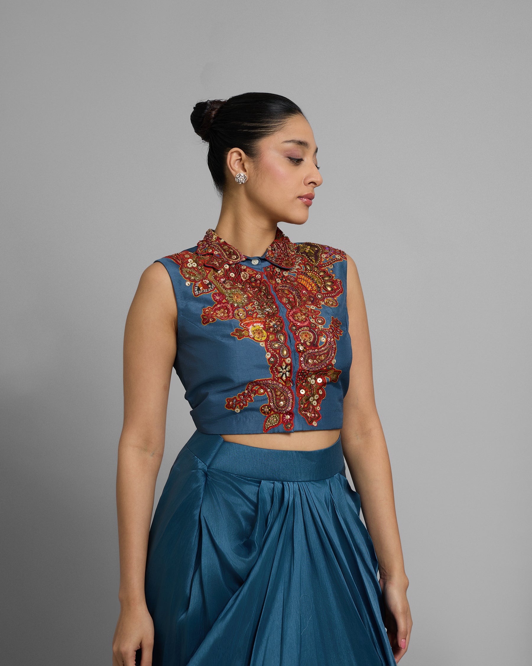 CERULEAN DIGITAL PRINT CAPE & COWL SKIRT