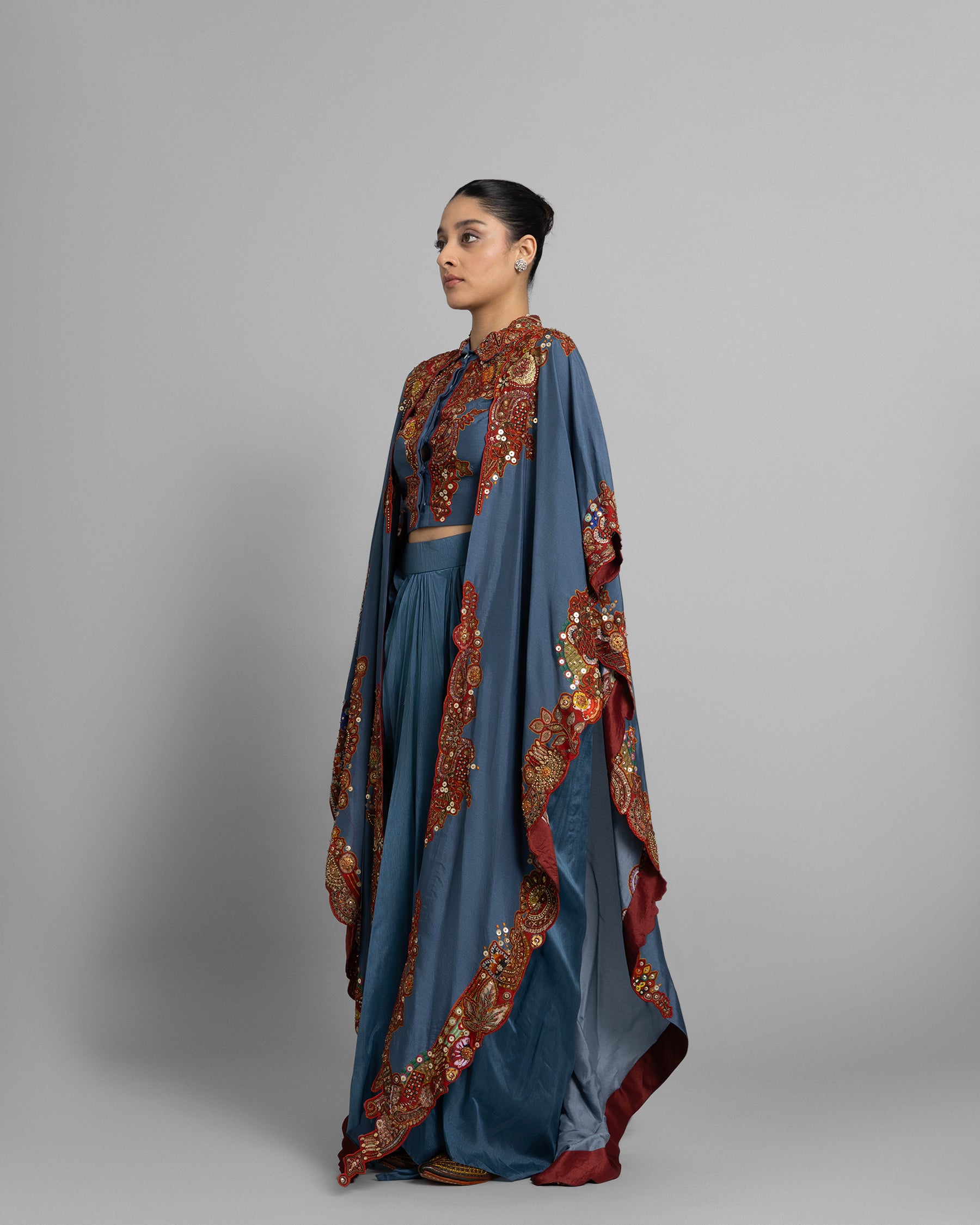 CERULEAN DIGITAL PRINT CAPE & COWL SKIRT