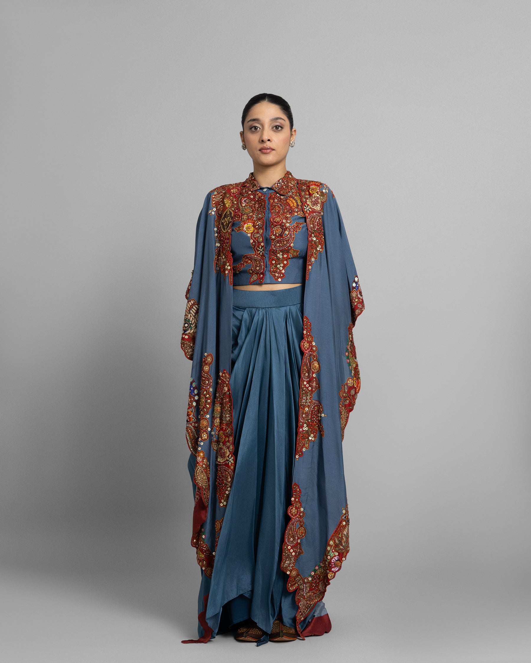 CERULEAN DIGITAL PRINT CAPE & COWL SKIRT