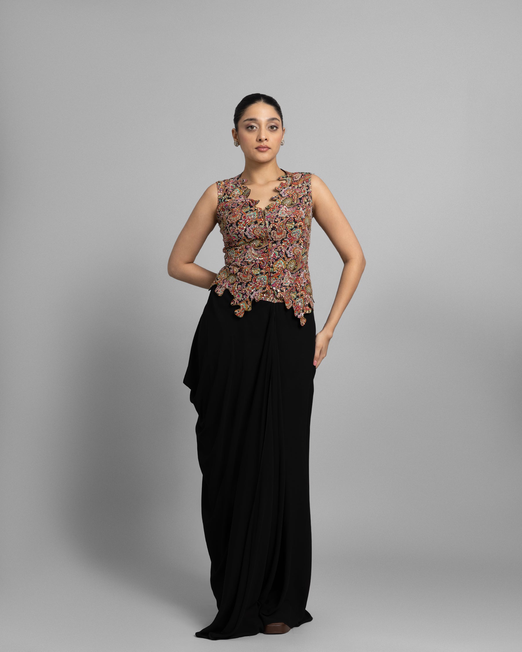 MULTICOLOUR CORSET & PLEATED SKIRT SET