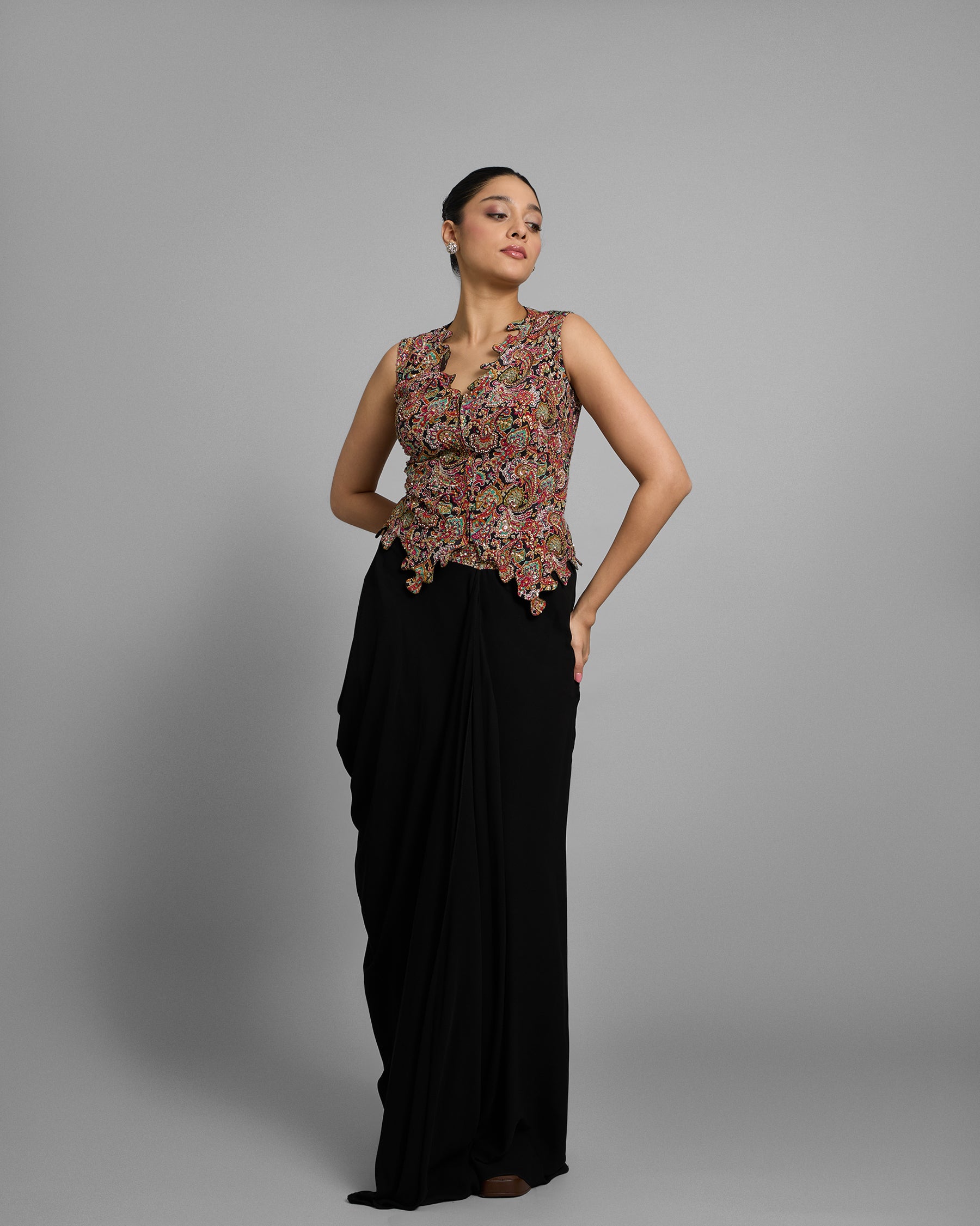 MULTICOLOUR CORSET & PLEATED SKIRT SET