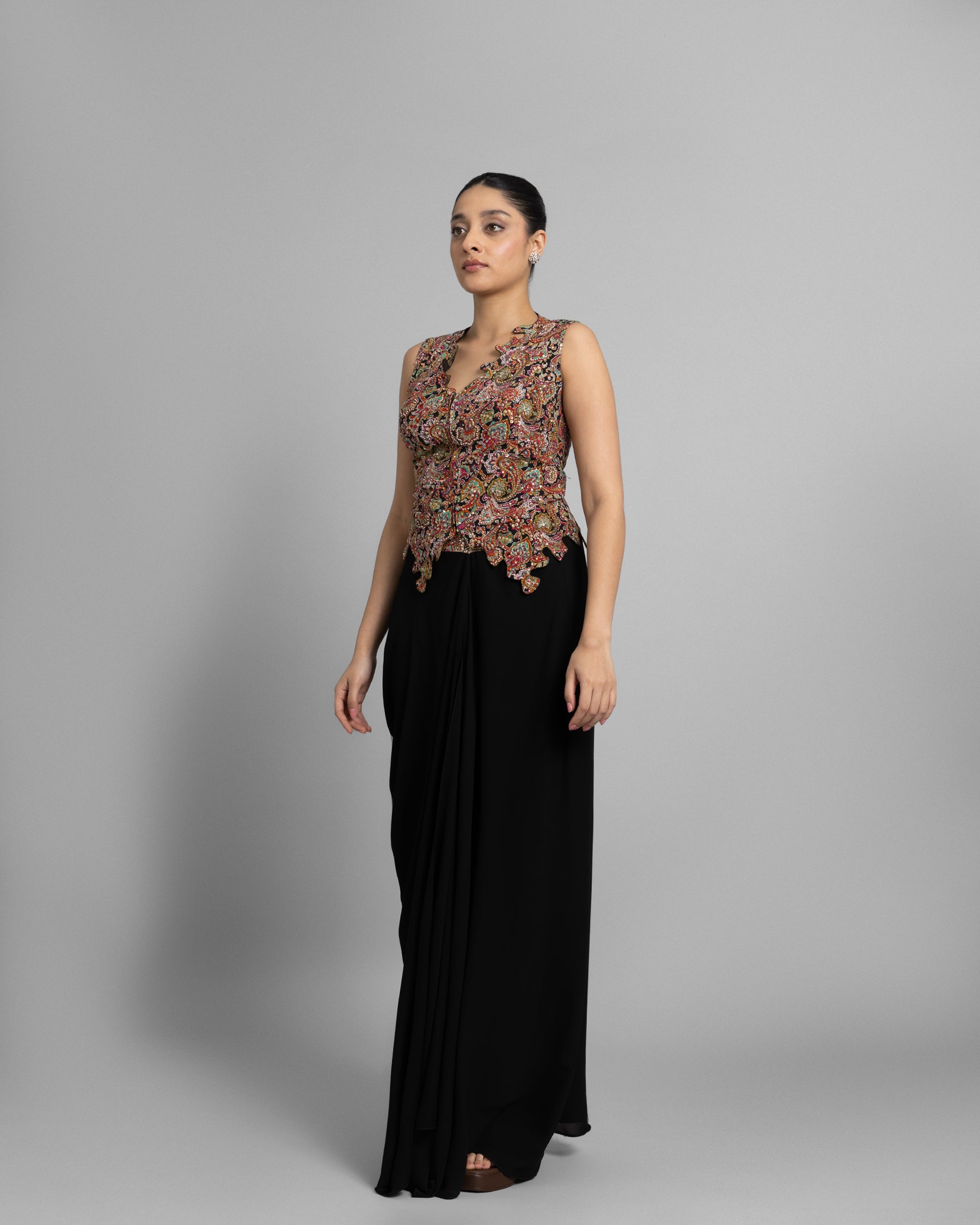 MULTICOLOUR CORSET & PLEATED SKIRT SET