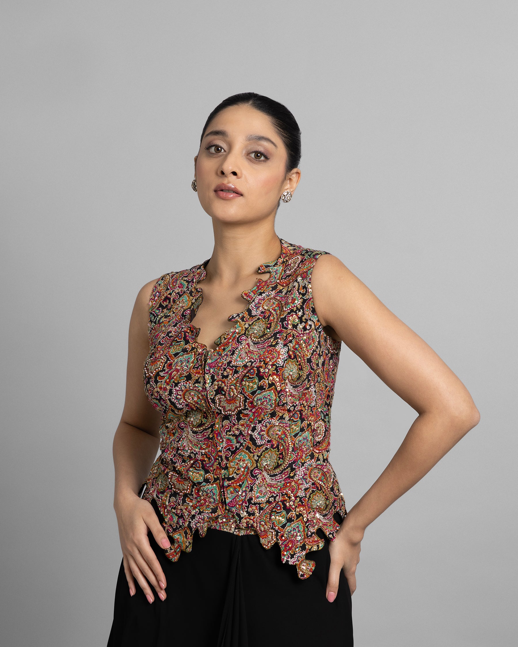 MULTICOLOUR CORSET & PLEATED SKIRT SET