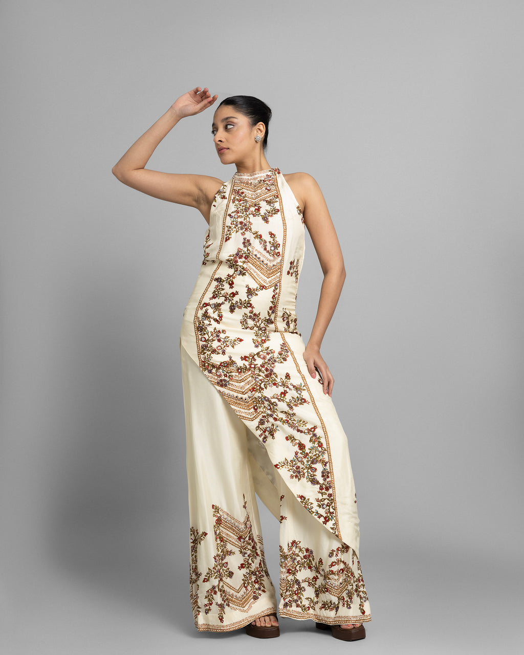 IVORY PRINTED ASYMMETRIC HALTER SET