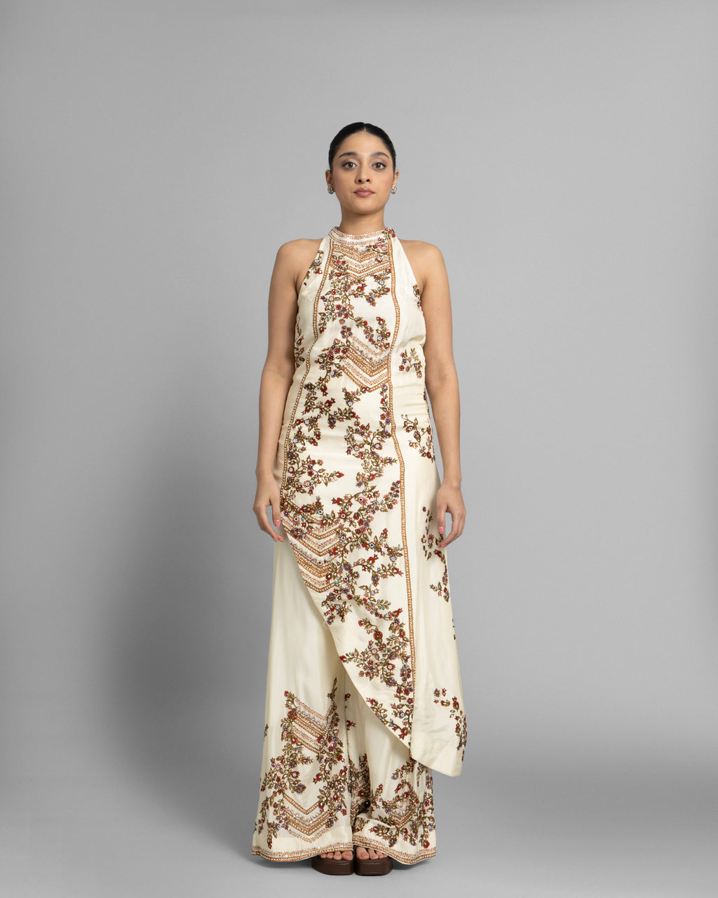 IVORY PRINTED ASYMMETRIC HALTER SET