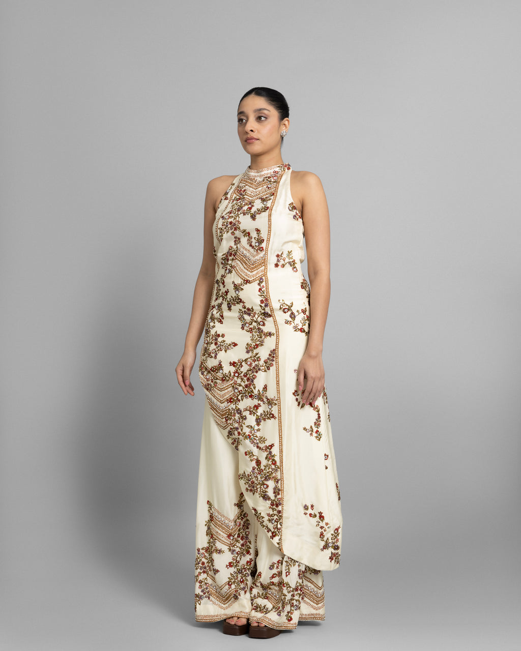 IVORY PRINTED ASYMMETRIC HALTER SET
