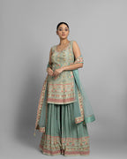 AQUA BLUE PRINTED CREPE KURTI & PALAZZO