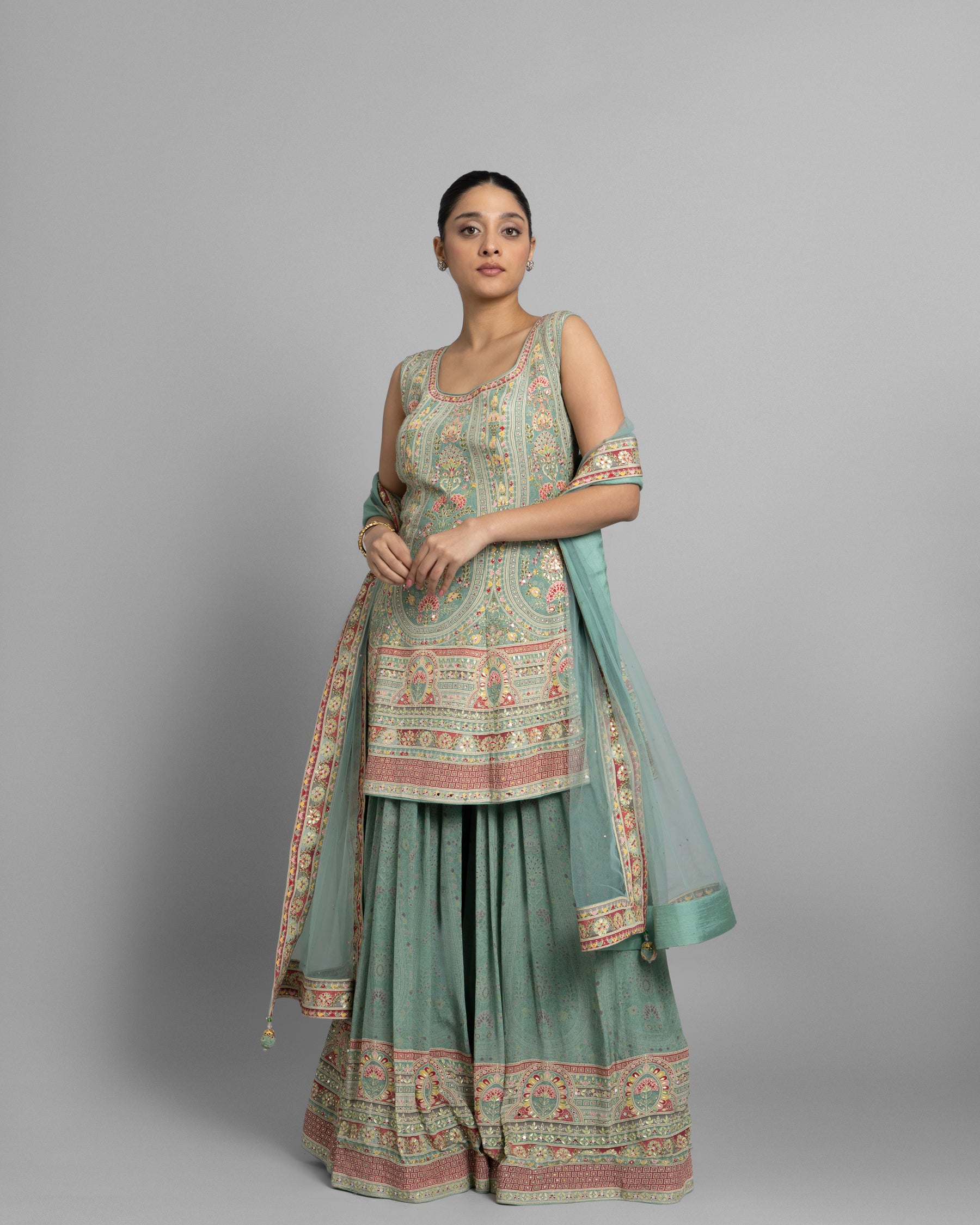 AQUA BLUE PRINTED CREPE KURTI & PALAZZO