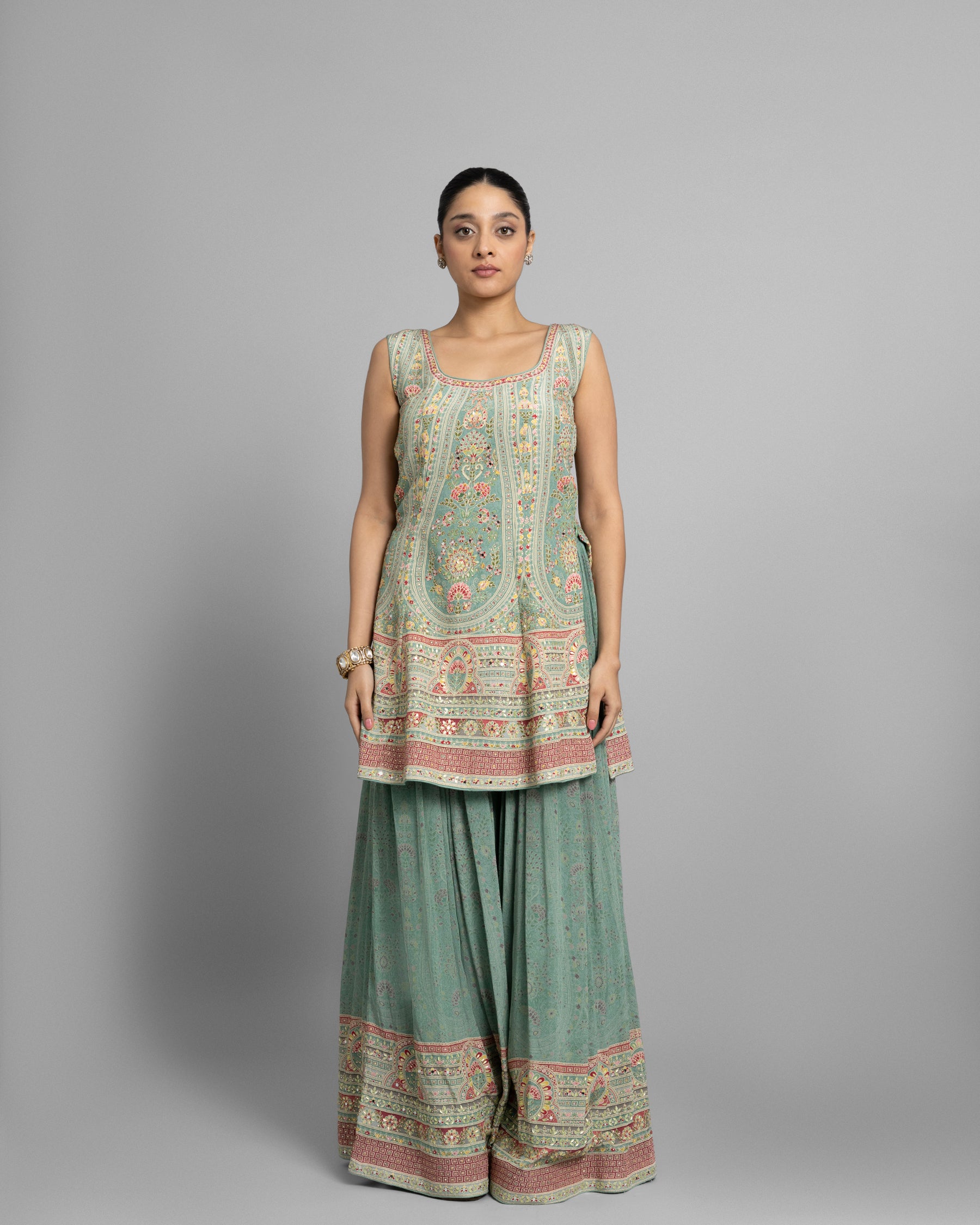 AQUA BLUE PRINTED CREPE KURTI & PALAZZO
