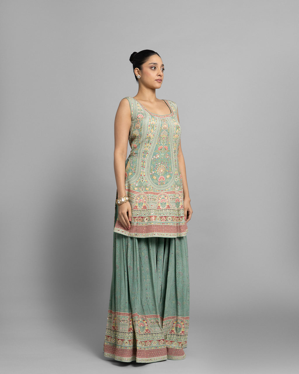 AQUA BLUE PRINTED CREPE KURTI & PALAZZO