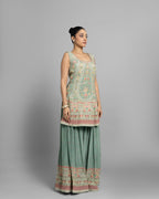 AQUA BLUE PRINTED CREPE KURTI & PALAZZO
