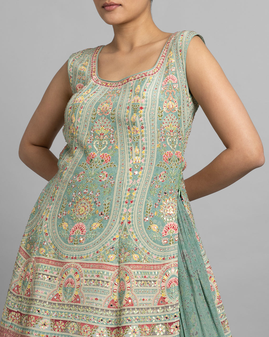 AQUA BLUE PRINTED CREPE KURTI & PALAZZO