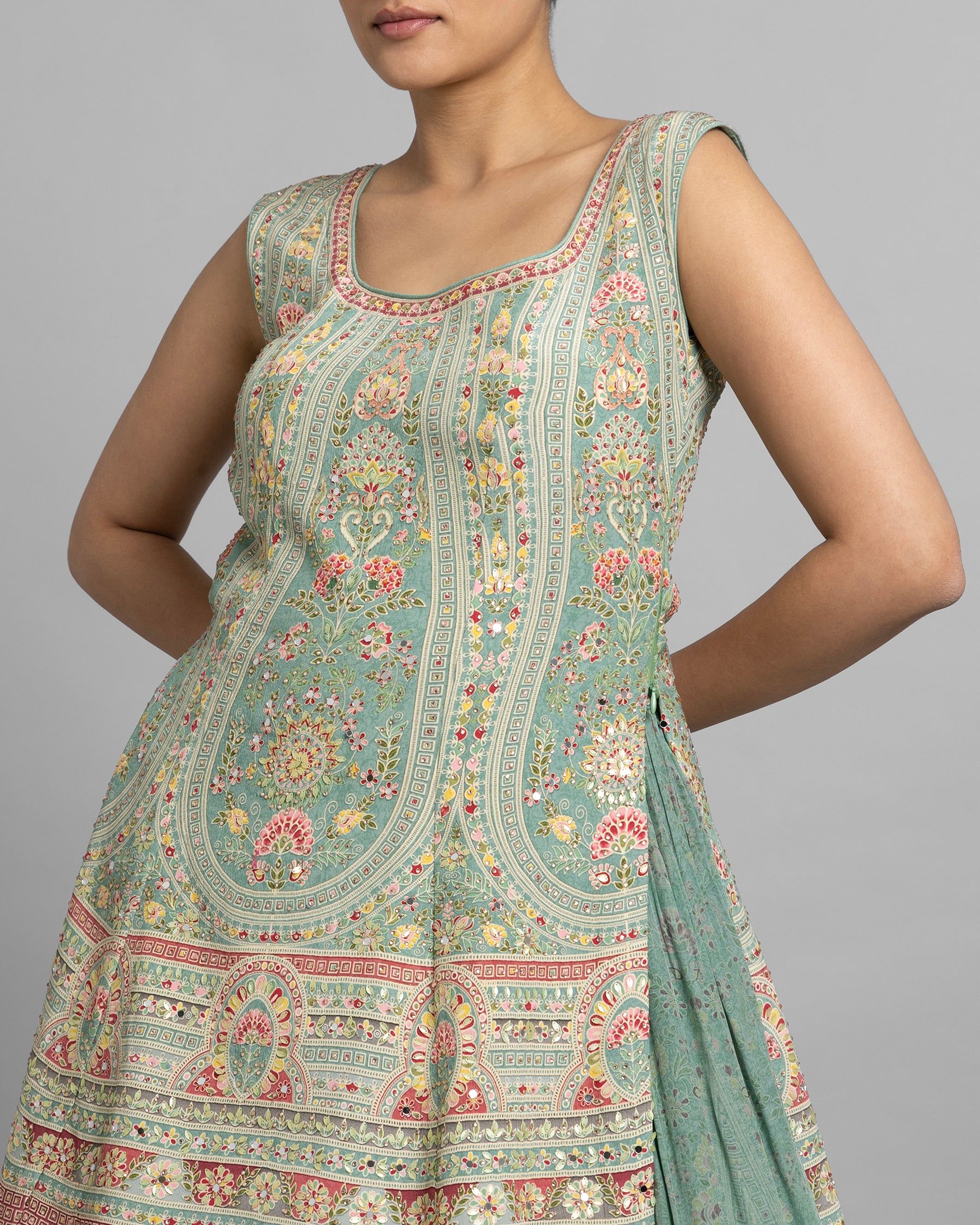 AQUA BLUE PRINTED CREPE KURTI & PALAZZO