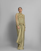 LIGHT OLIVE MANDARIN COLLAR TOP WITH PLEATED SKIRT