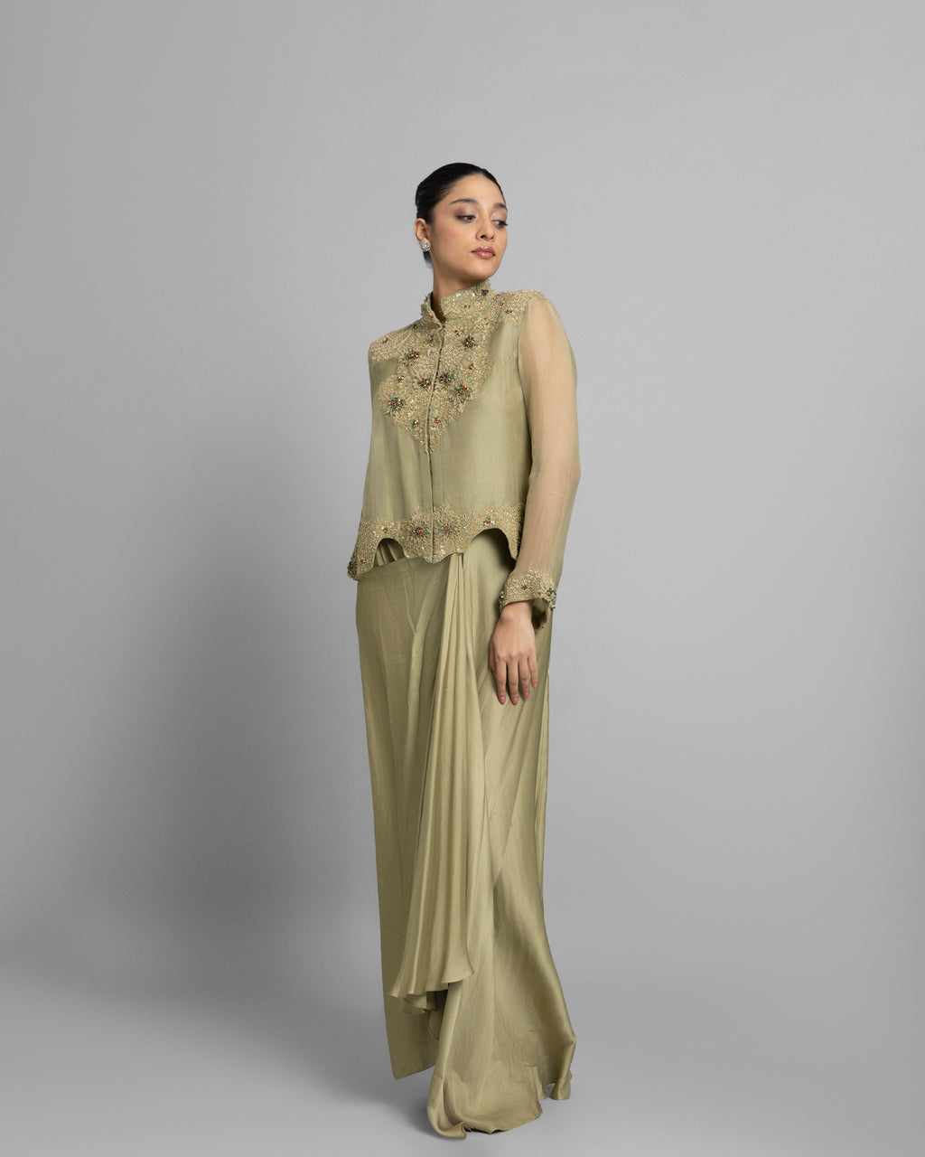 LIGHT OLIVE MANDARIN COLLAR TOP WITH PLEATED SKIRT