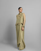 LIGHT OLIVE MANDARIN COLLAR TOP WITH PLEATED SKIRT