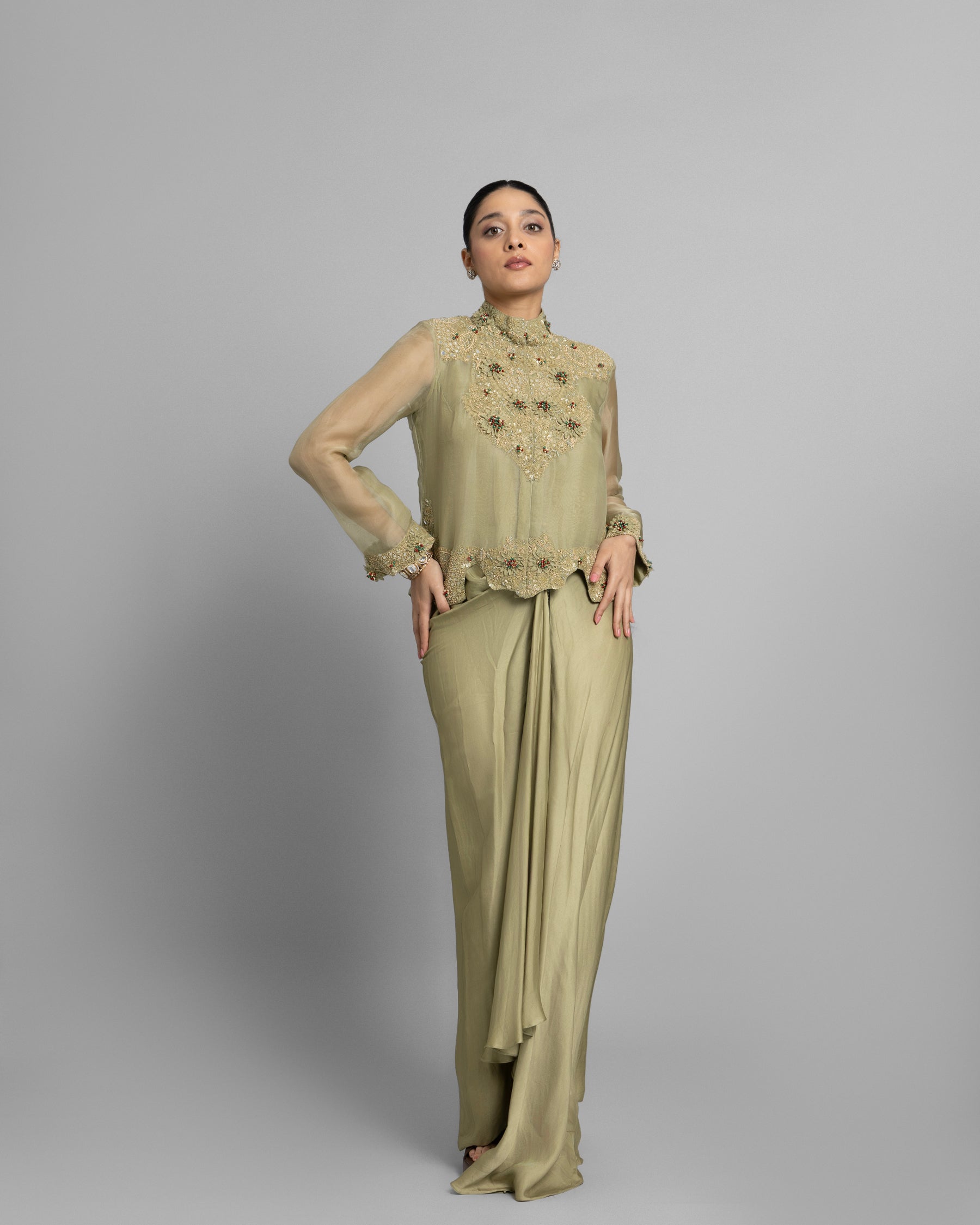 LIGHT OLIVE MANDARIN COLLAR TOP WITH PLEATED SKIRT