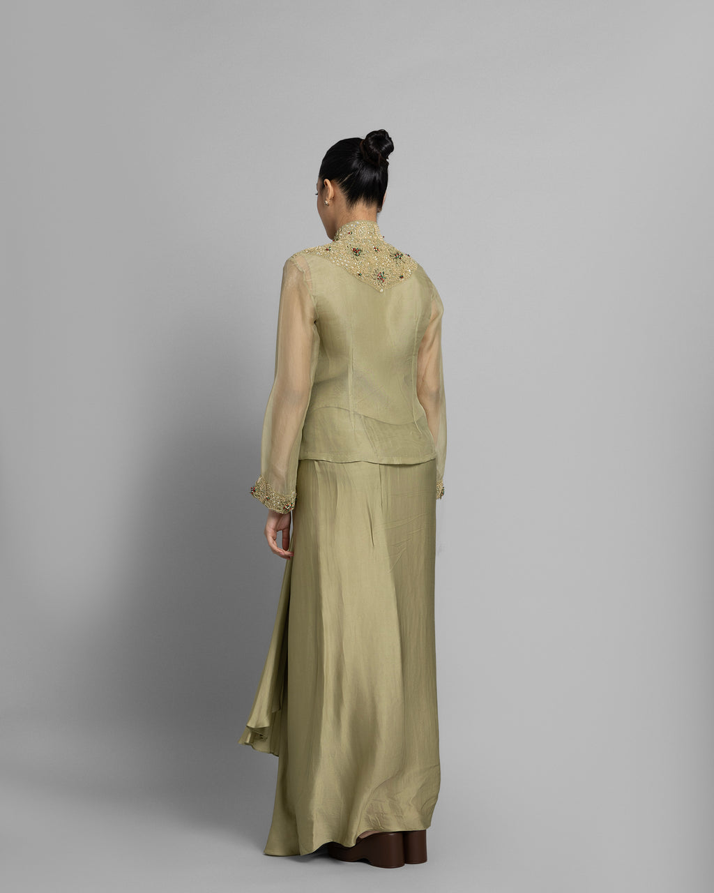 LIGHT OLIVE MANDARIN COLLAR TOP WITH PLEATED SKIRT