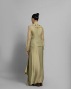 LIGHT OLIVE MANDARIN COLLAR TOP WITH PLEATED SKIRT