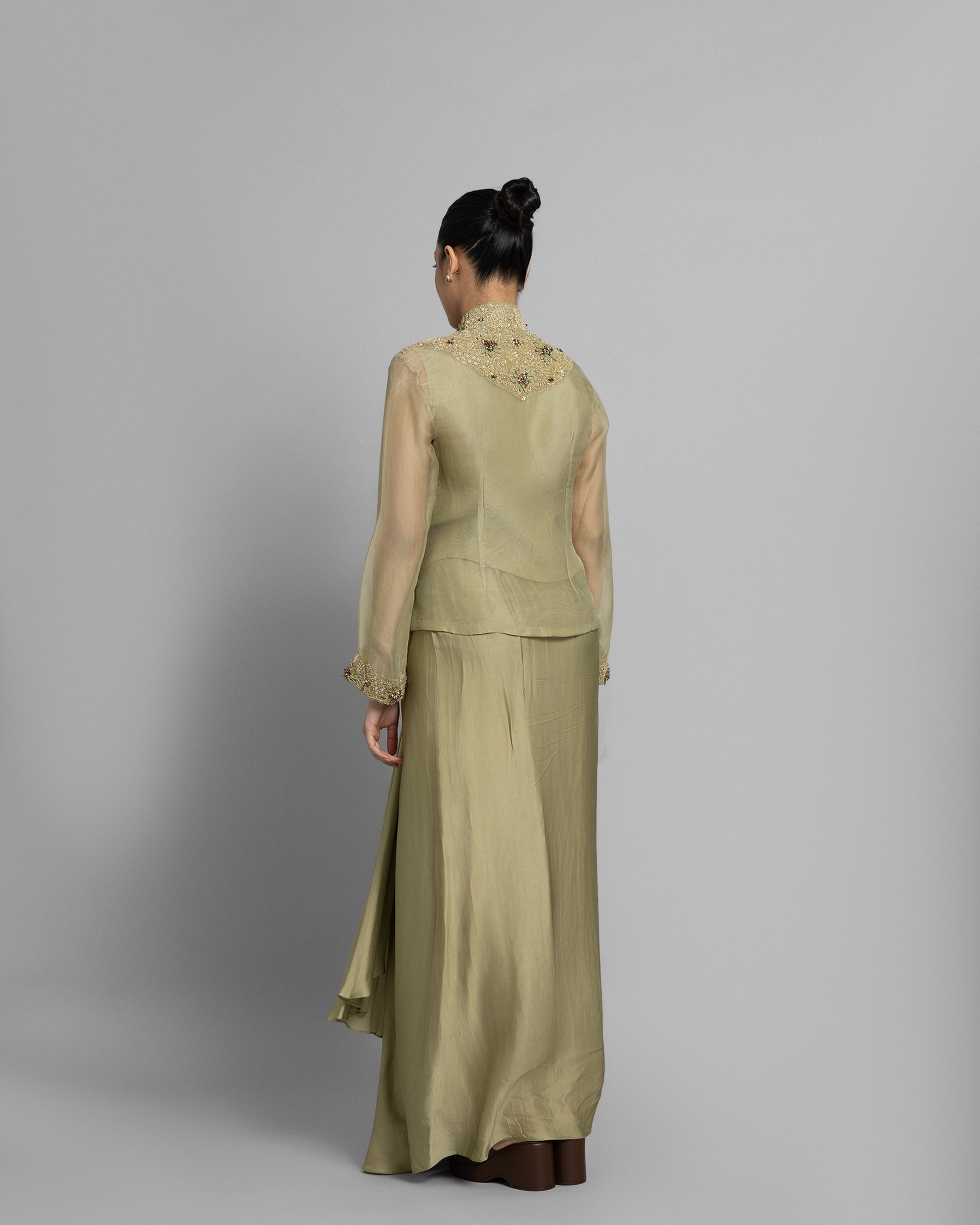 LIGHT OLIVE MANDARIN COLLAR TOP WITH PLEATED SKIRT