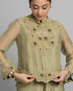 LIGHT OLIVE MANDARIN COLLAR TOP WITH PLEATED SKIRT