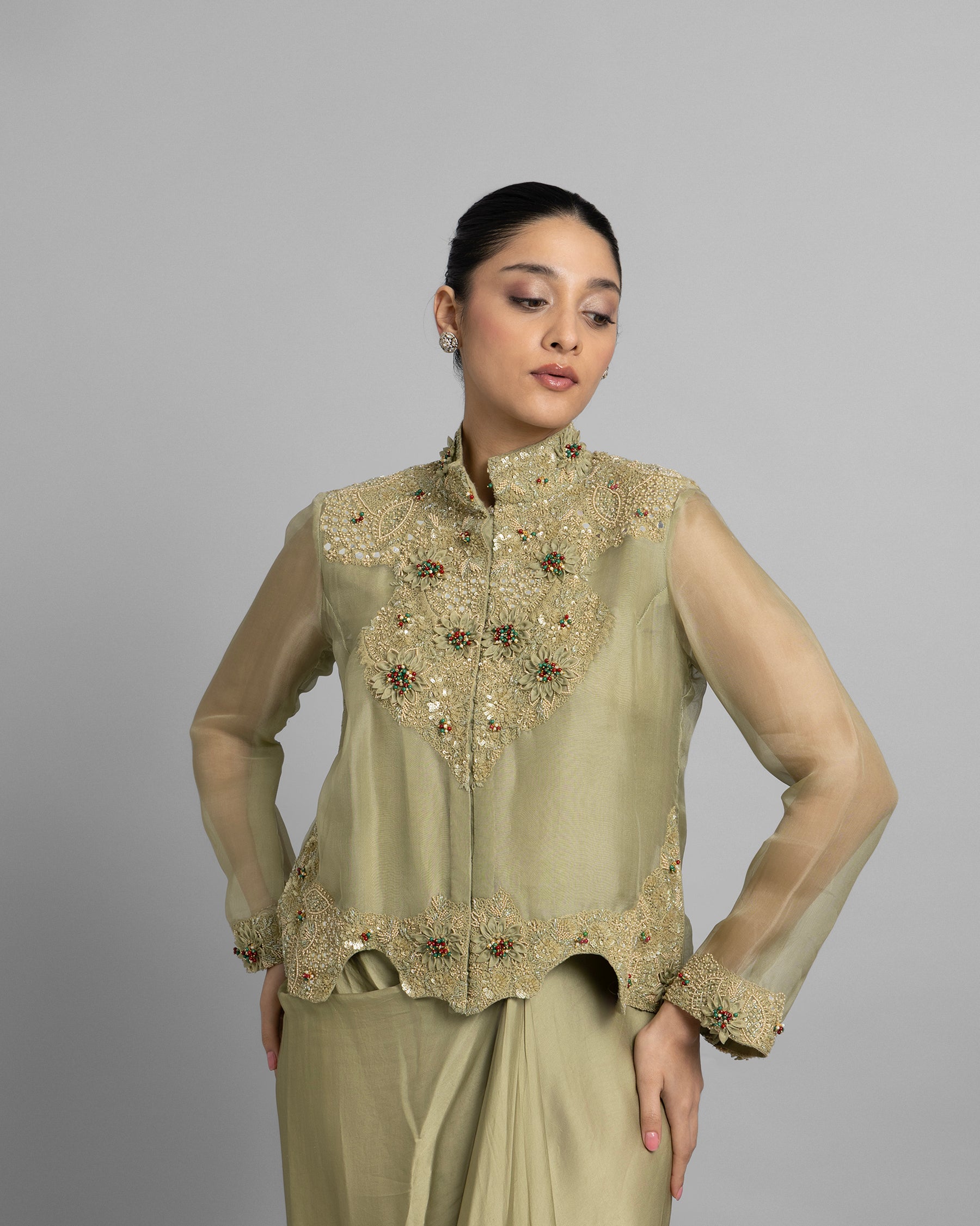 LIGHT OLIVE MANDARIN COLLAR TOP WITH PLEATED SKIRT