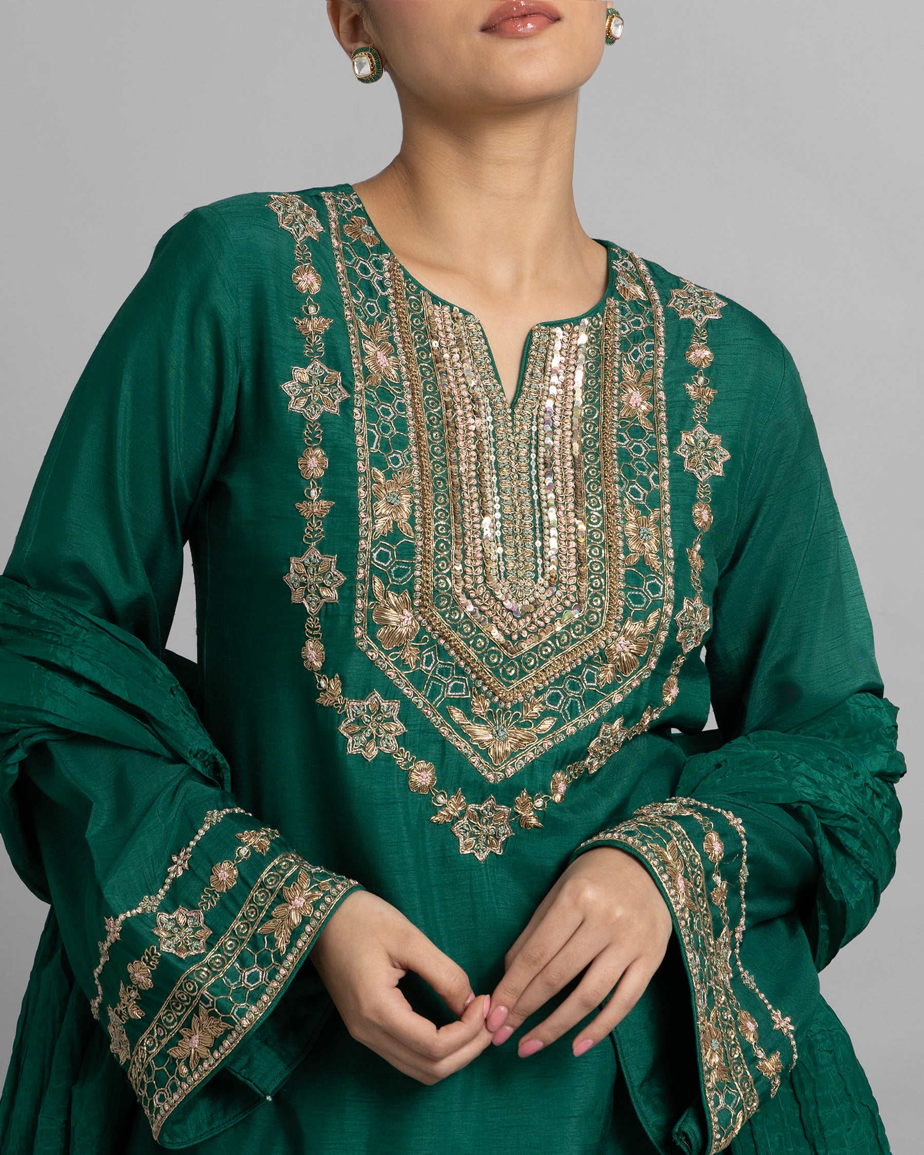 EMERALD GREEN ZARDOZI WORK SUIT SET