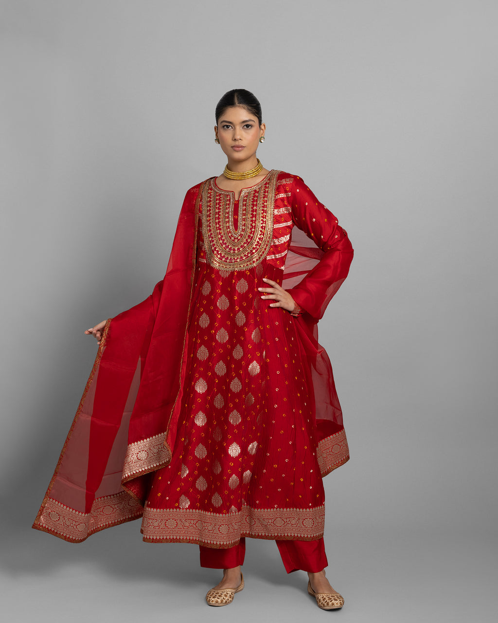 CRIMSON RED BANARASI ANARKALI SET