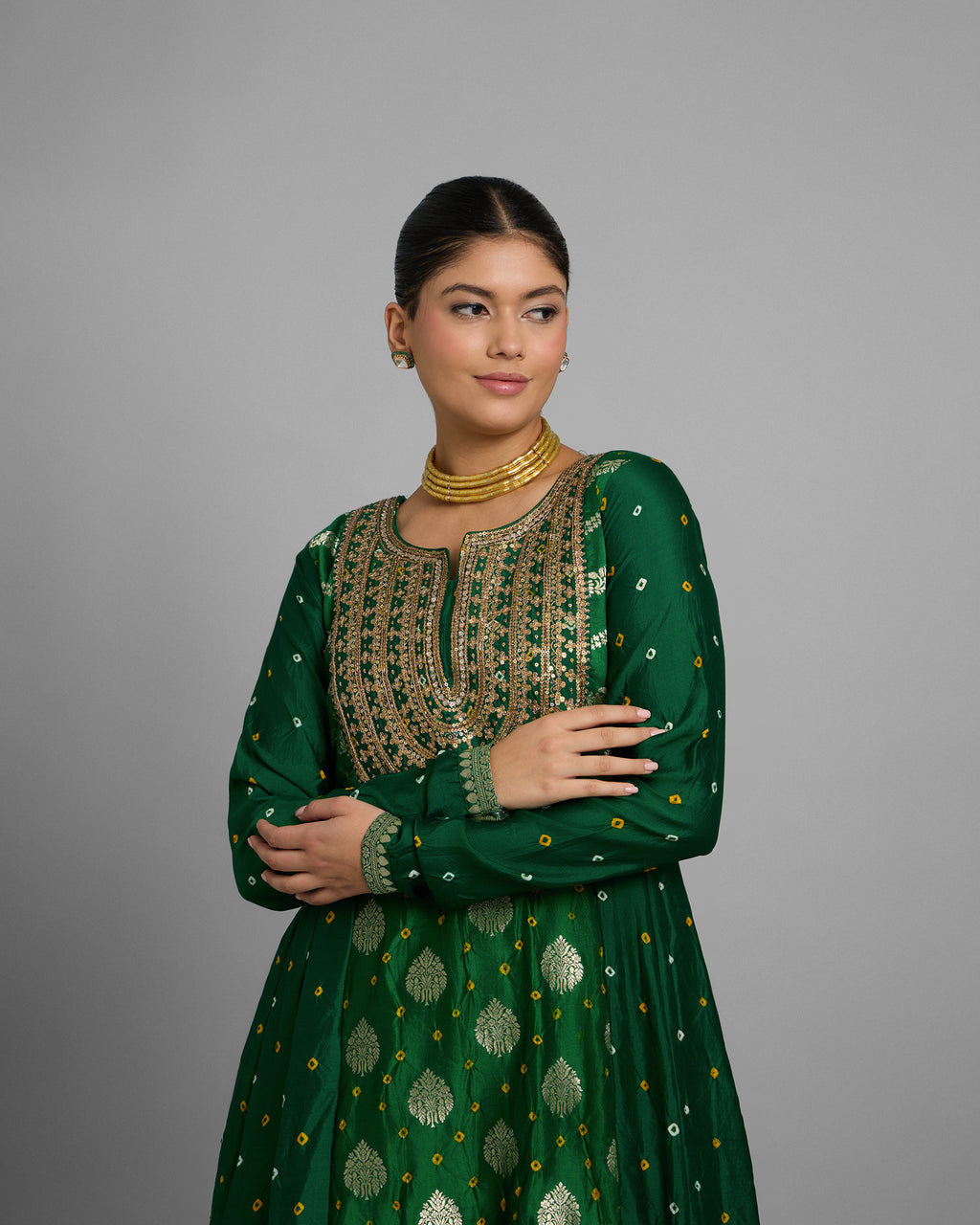 EMERALD GREEN BANARASI BANDHEJ ANARKALI SET