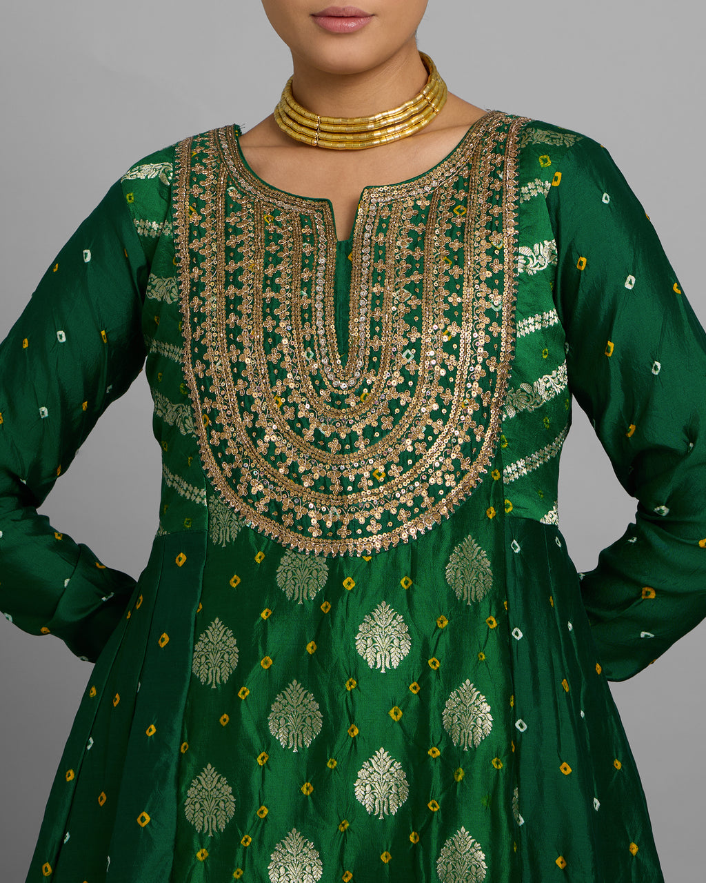EMERALD GREEN BANARASI BANDHEJ ANARKALI SET