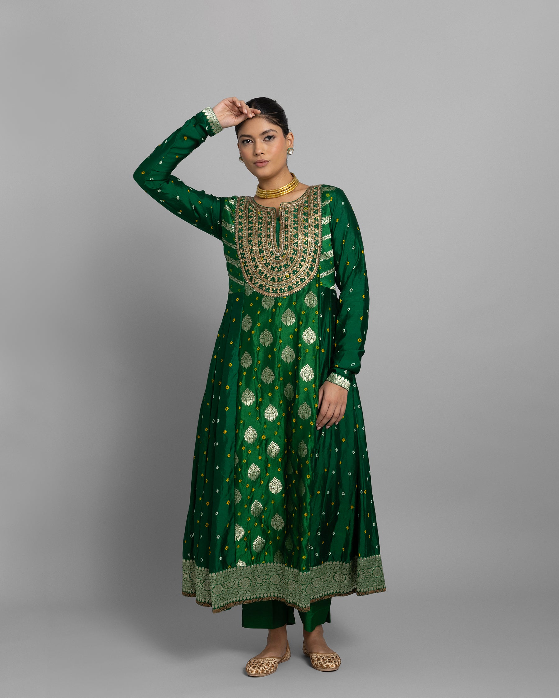 EMERALD GREEN BANARASI BANDHEJ ANARKALI SET