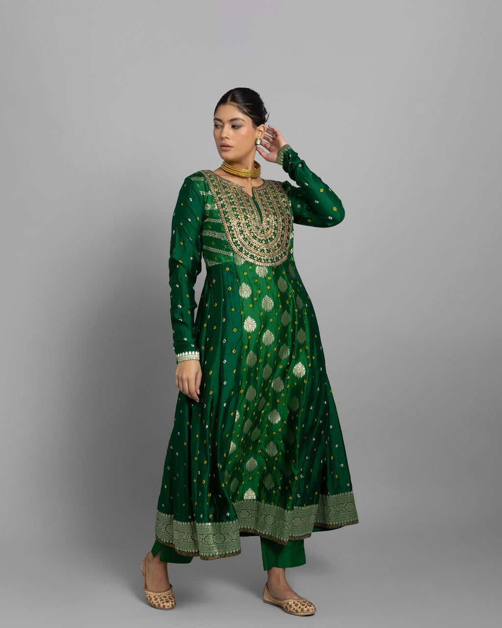 EMERALD GREEN BANARASI BANDHEJ ANARKALI SET