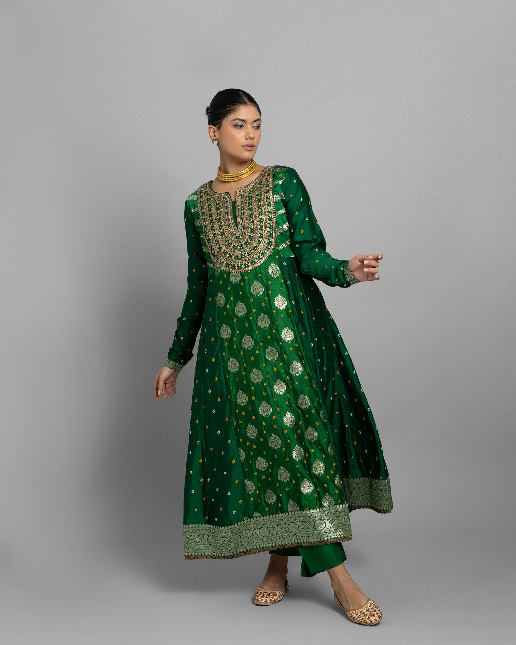 EMERALD GREEN BANARASI BANDHEJ ANARKALI SET