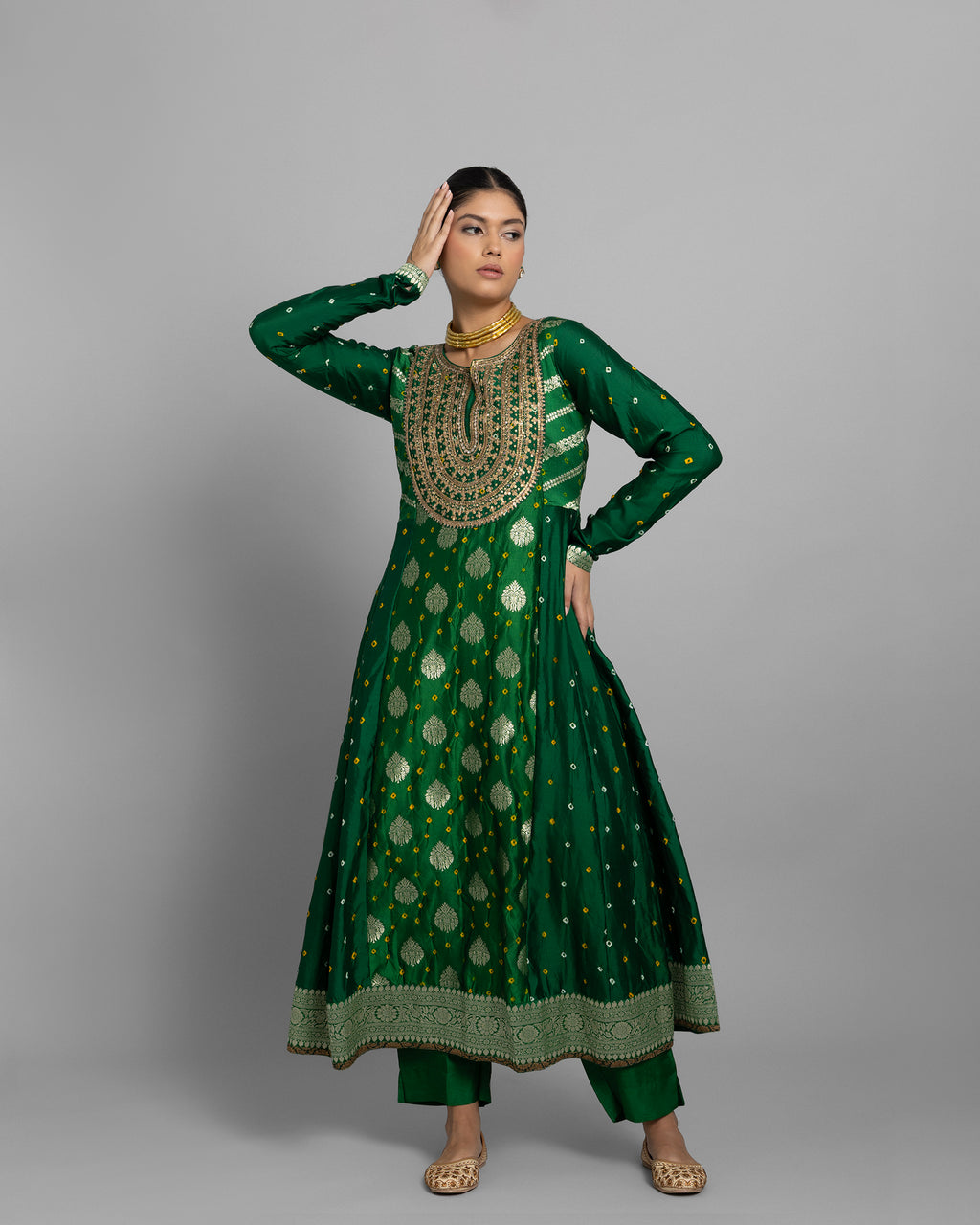 EMERALD GREEN BANARASI BANDHEJ ANARKALI SET
