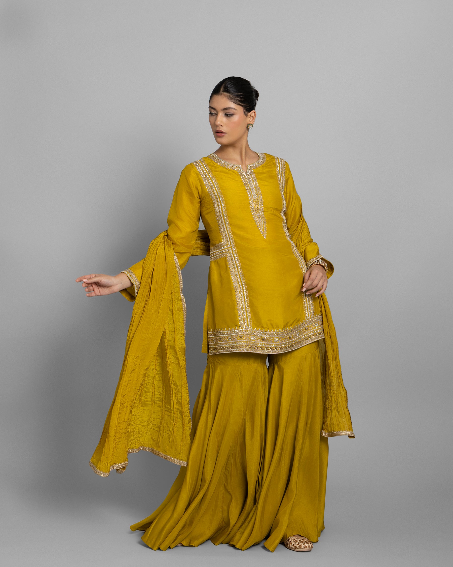MUSTARD YELLOW EMBROIDERED SILK KURTA PALAZZO SET